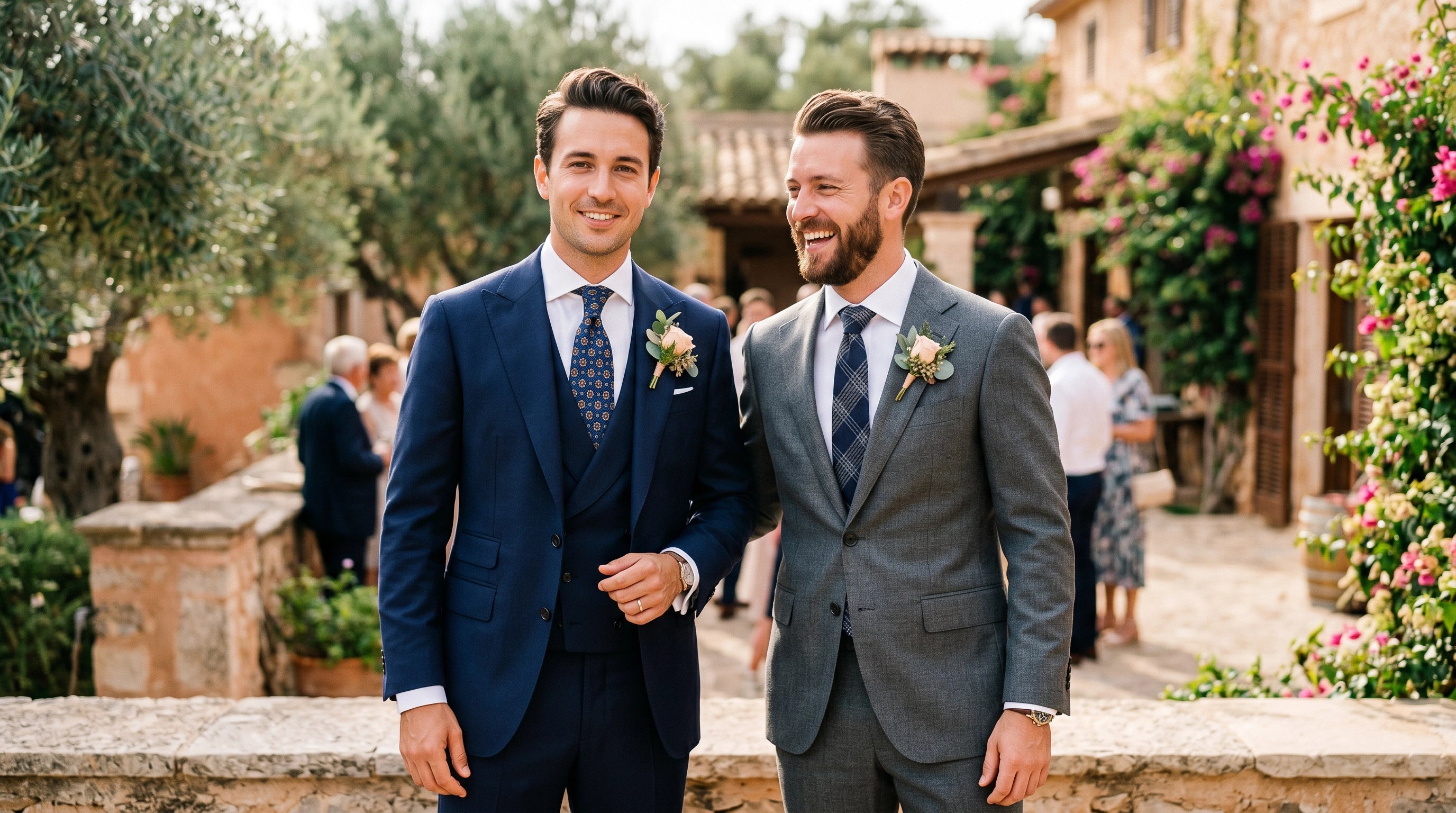 Novio con traje azul marino y padrino con traje gris coordinados para una boda - Sastreria Blackpier