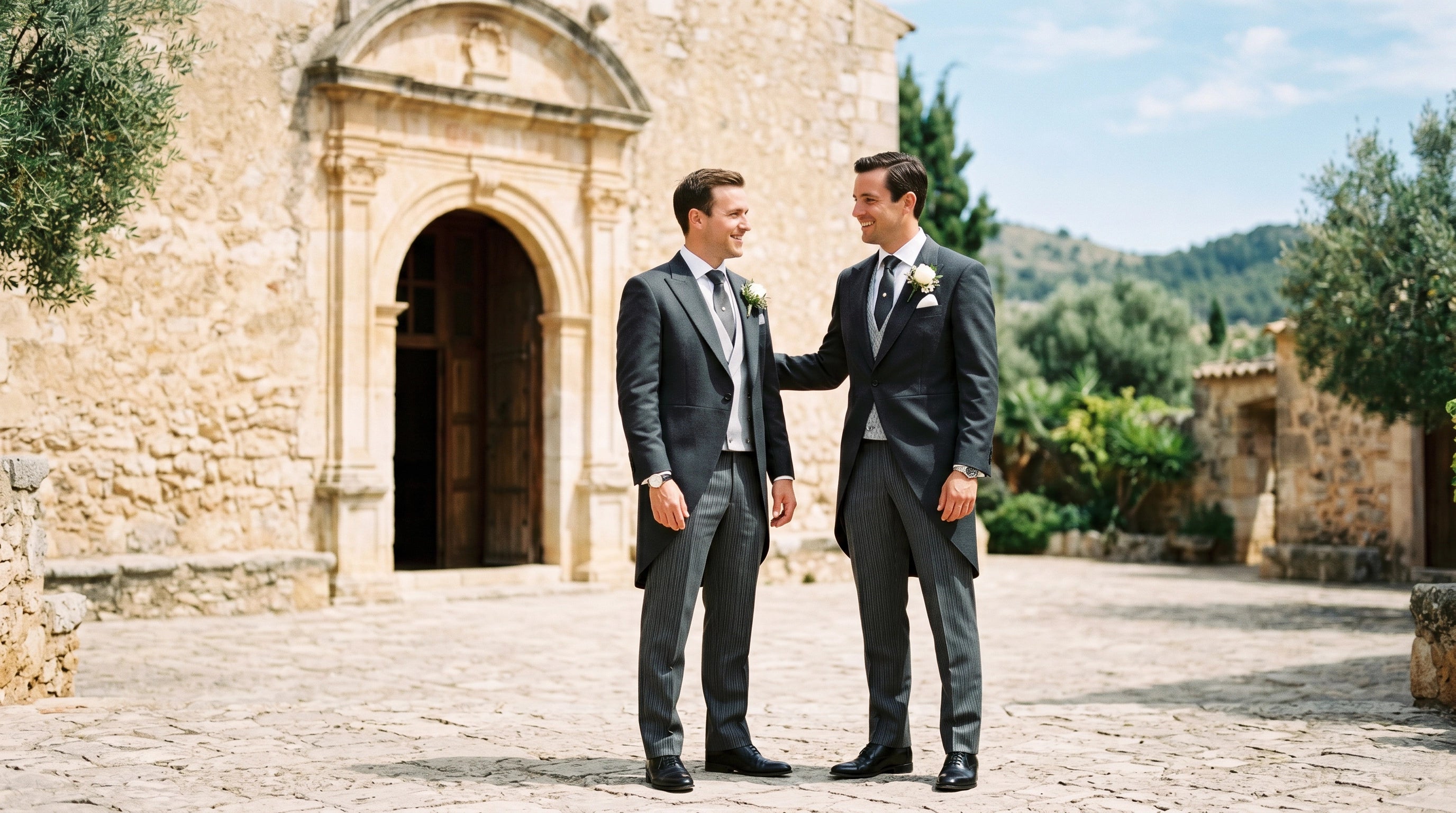 Novio y padrino con chaqué gris marengo, chaleco y pantalón de rayas, boda mediterránea de día