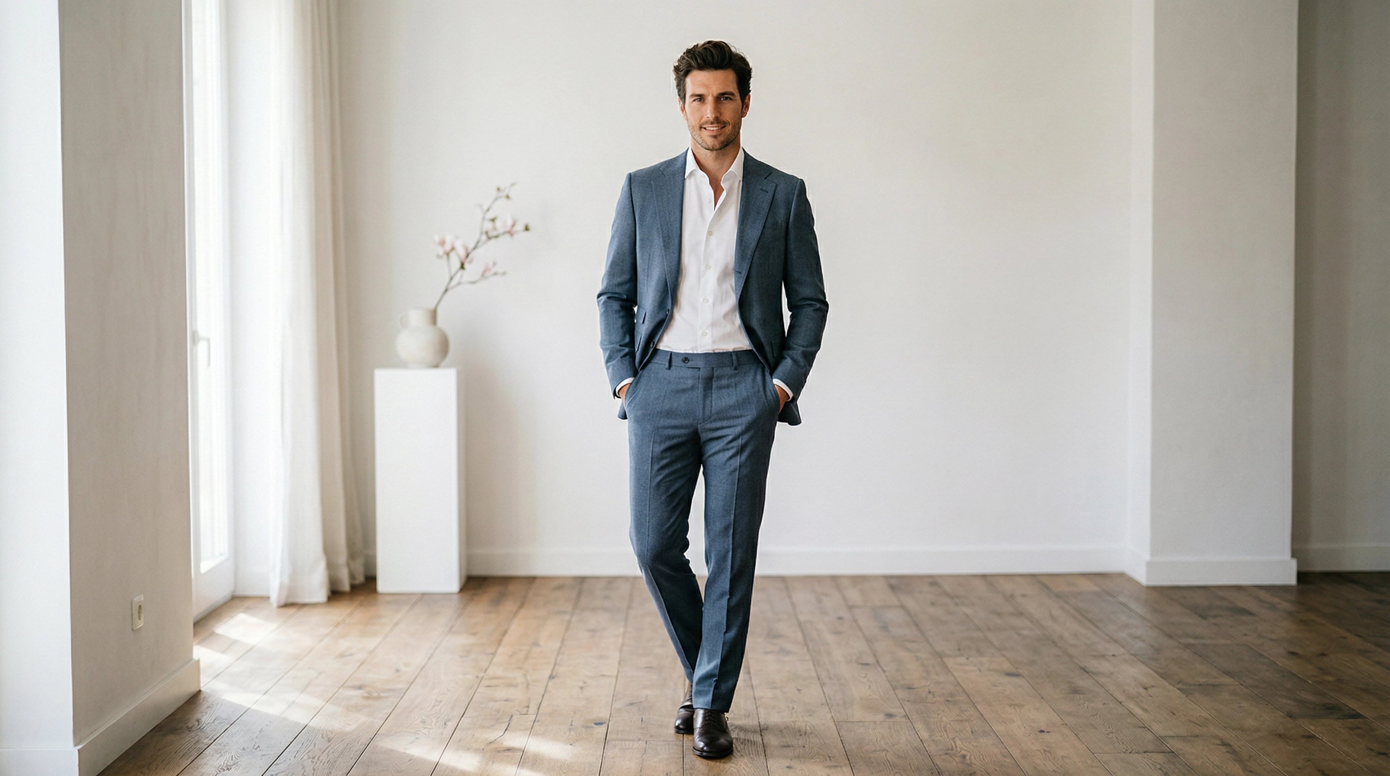 Novio con traje azul pizarra a medida - tendencias trajes de novio 2026