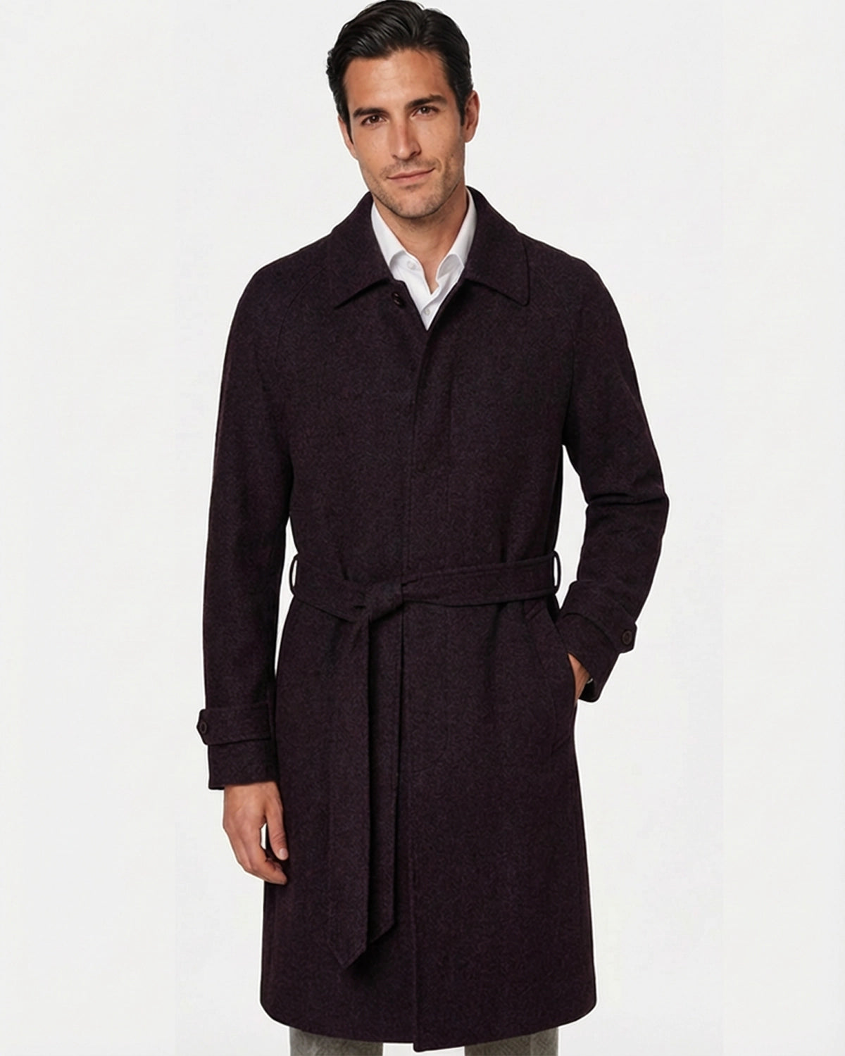Abrigo de Lana a Medida Granate (Burdeos) Texturizado con Cinturón y Manga Raglán
