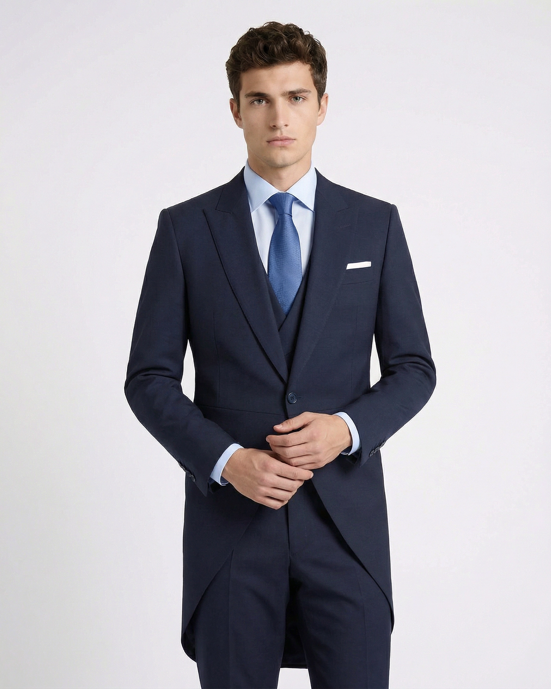 Chaqué Azul Marino (Navy Blue) Monocromático de 3 Piezas con Chaleco Cruzado