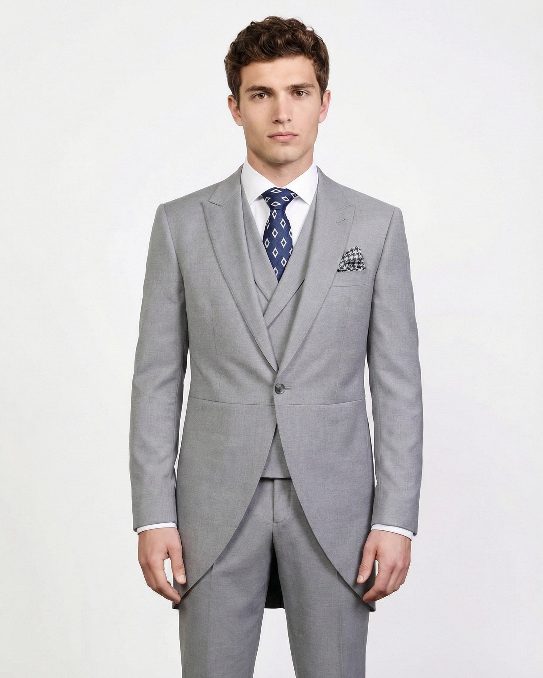 Chaqué Gris Perla (Morning Suit) Monocromático de 3 Piezas con Chaleco Cruzado
