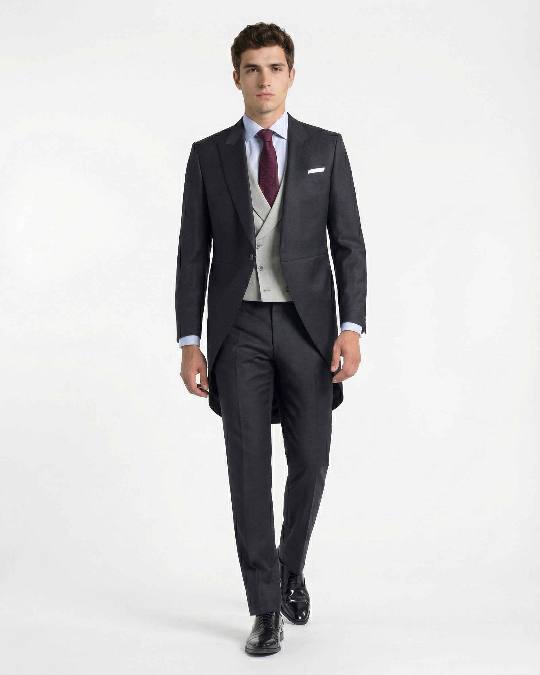 Chaqué Gris Marengo (Charcoal) con Chaleco Cruzado en Contraste Gris Perla