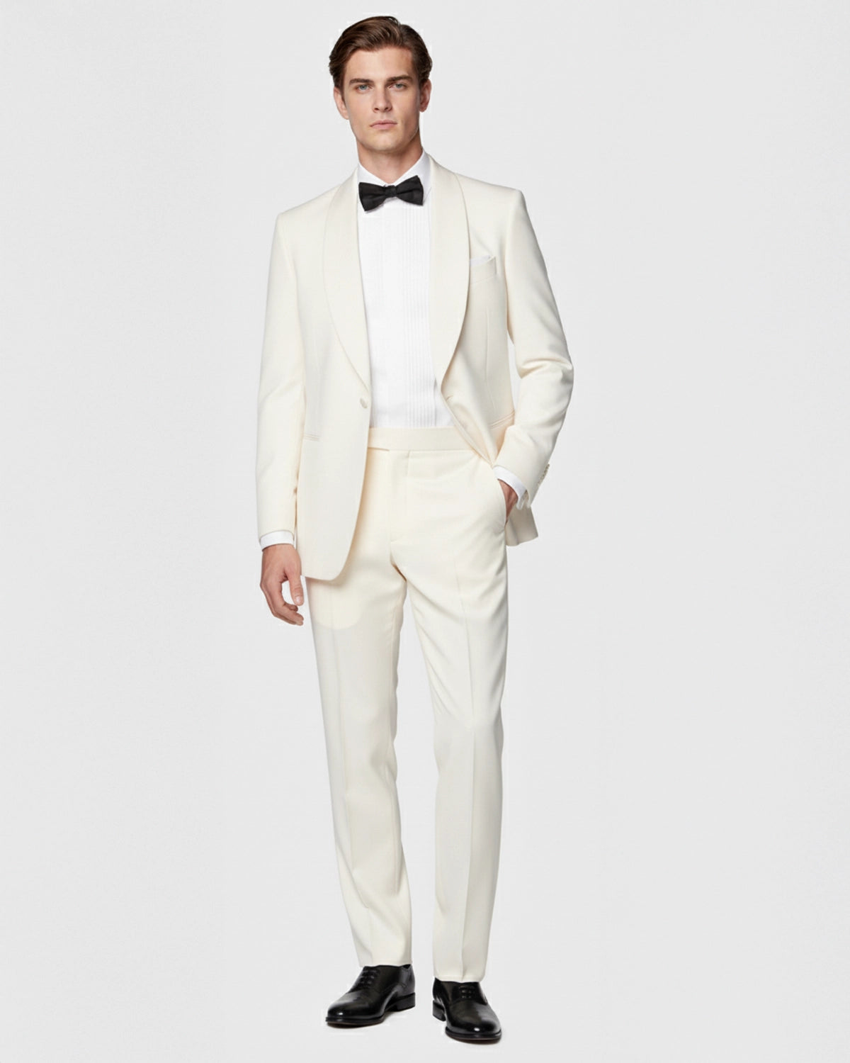 Esmoquin de Novio a Medida Blanco Roto con Solapa Redondeada y Pantalón a Tono