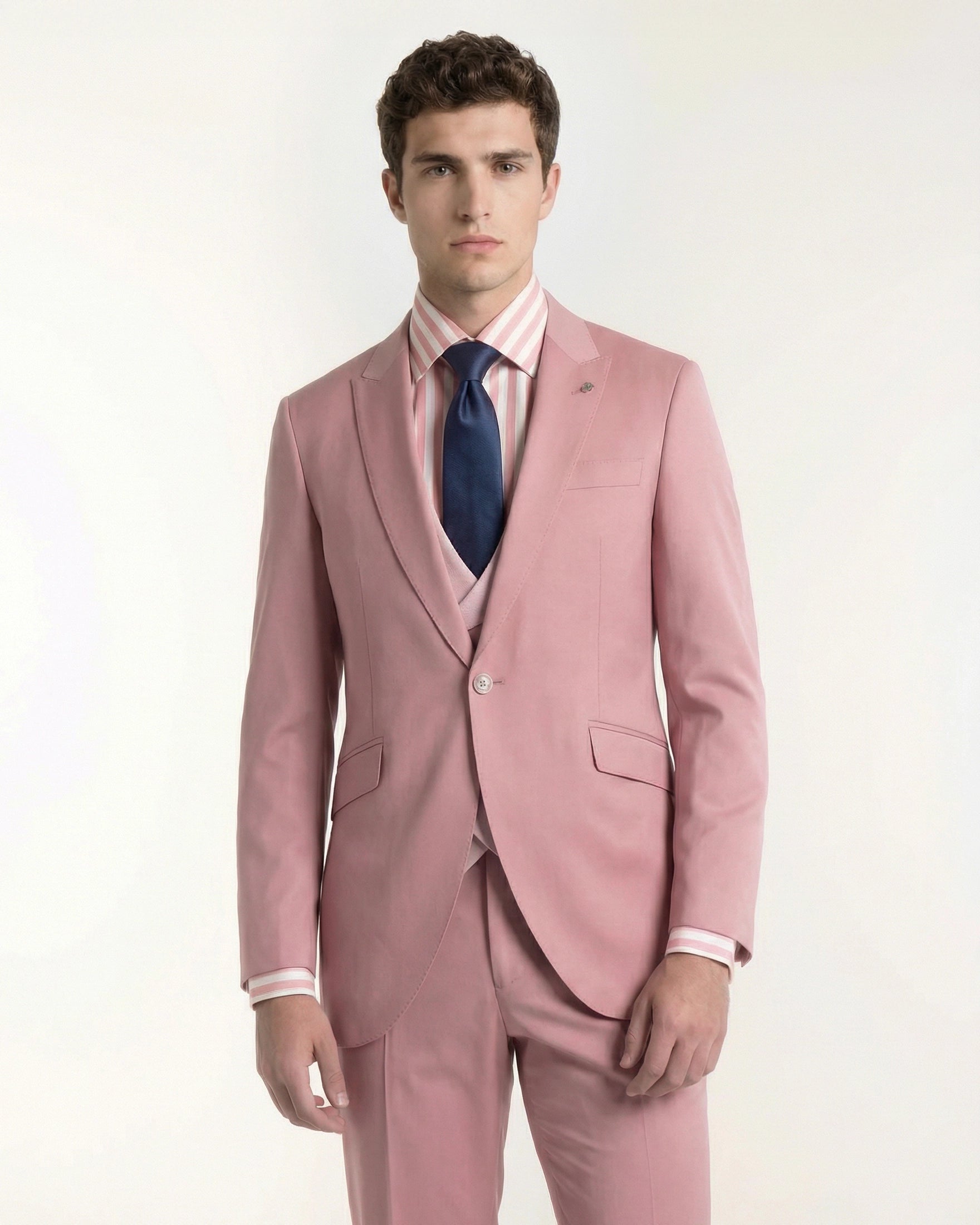 Traje de Novio 3 Piezas en Rosa Palo (Dusty Pink) con Chaleco Cruzado de Solapa Redonda
