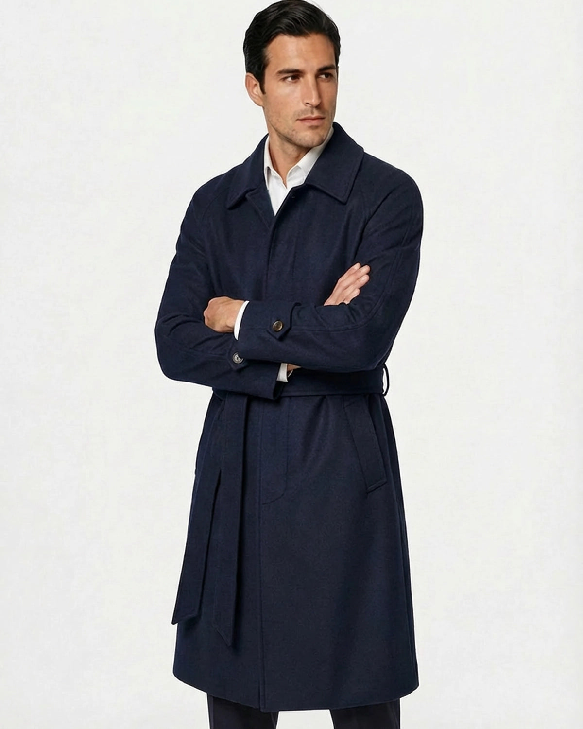 Abrigo de Lana Premium "Tacto Cashmere" Azul Noche con Cinturón y Manga Raglán