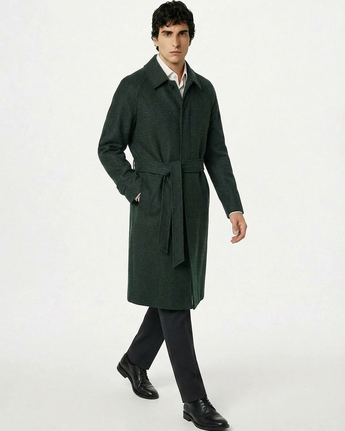 Abrigo de Lana a Medida Verde Botella (Forest Green) con Cinturón y Manga Raglán