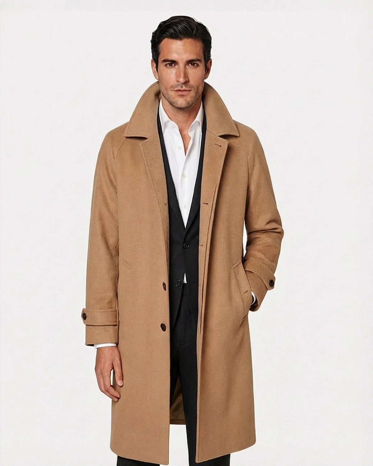 Abrigo Icónico a Medida Color Camel con Cinturón y Manga Raglán