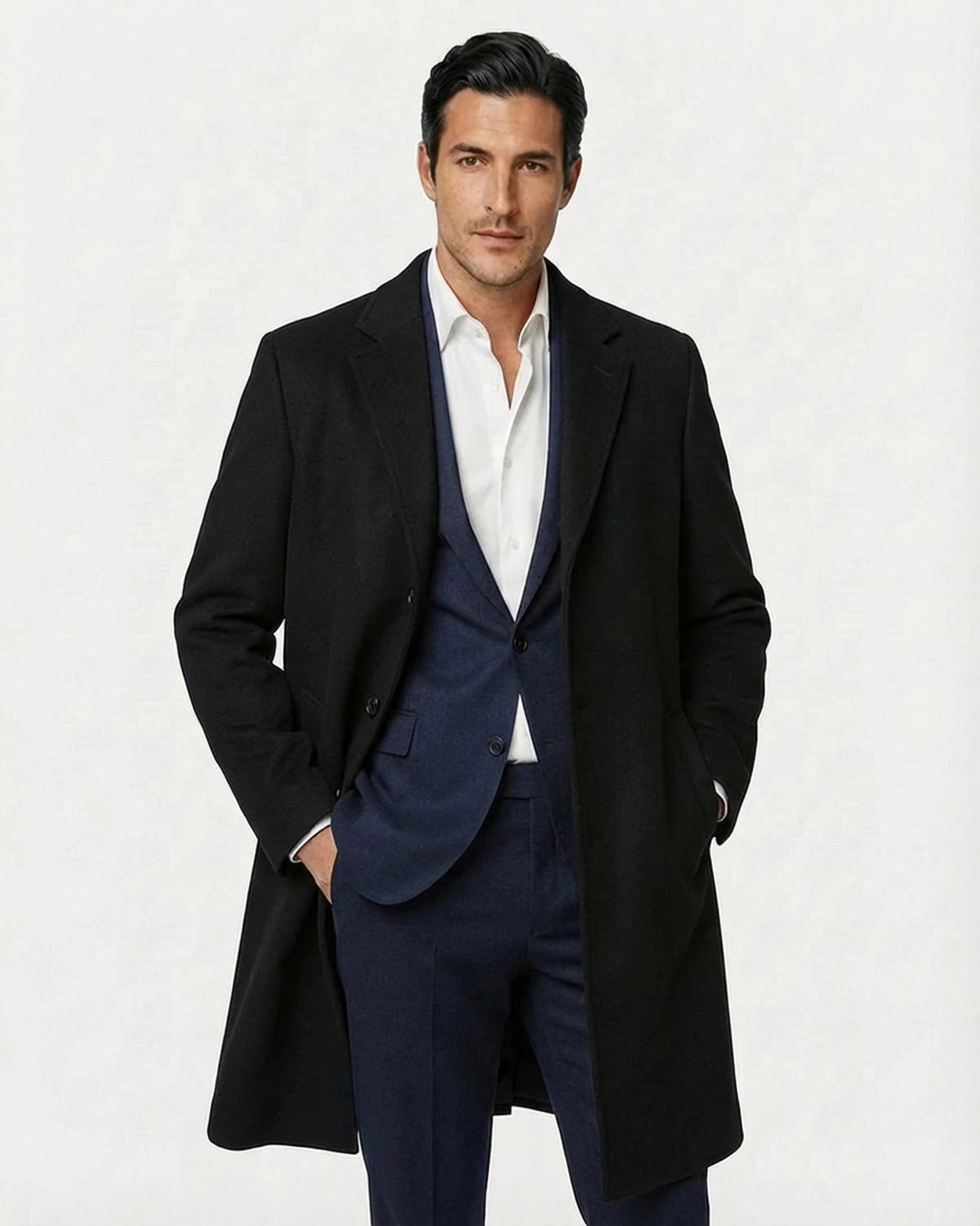 Abrigo de Lana a Medida Negro Profundo (Mate) con Cinturón y Manga Raglán