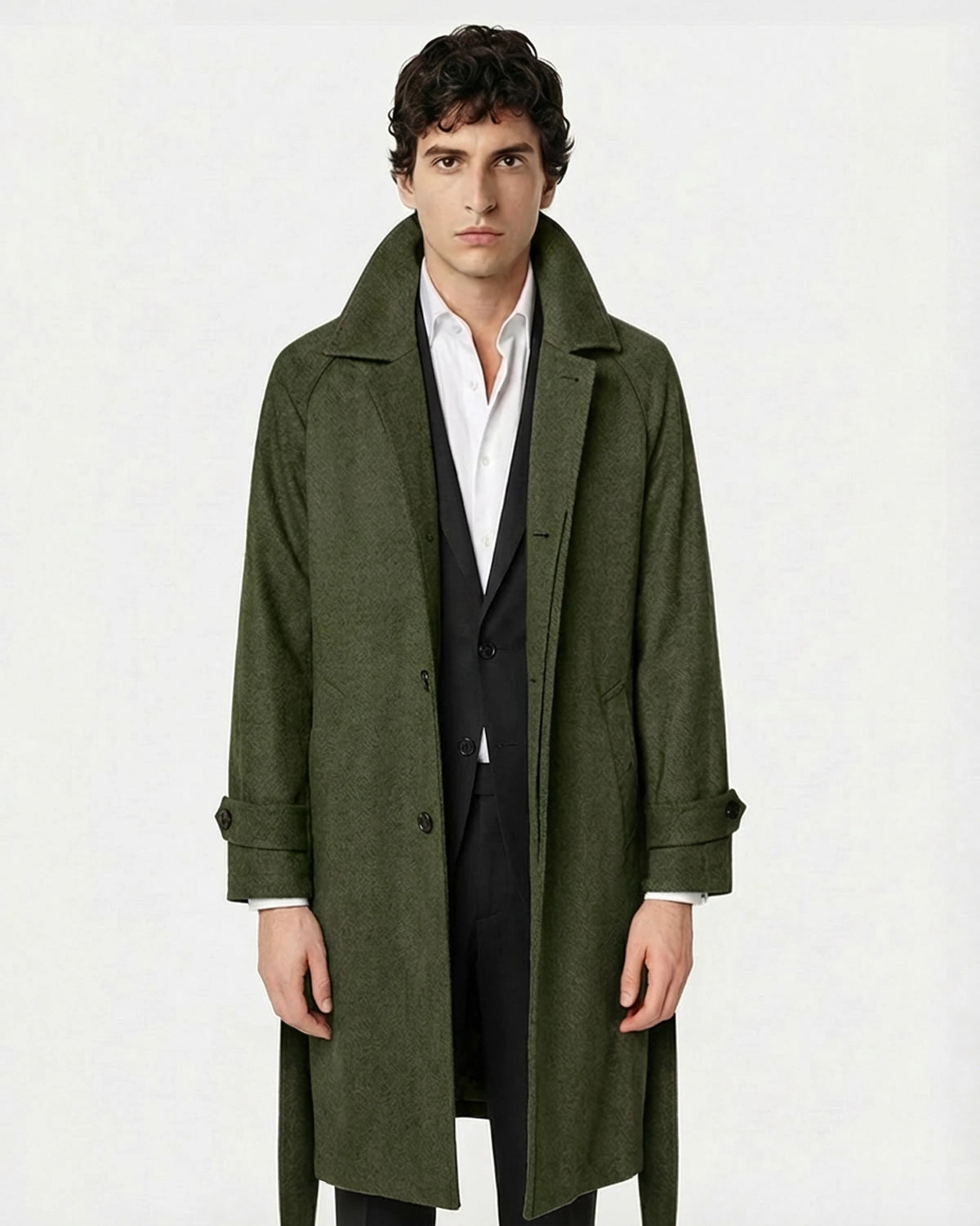Abrigo de Lana a Medida Verde Loden (Musgo) con Textura Afieltrada y Cinturón