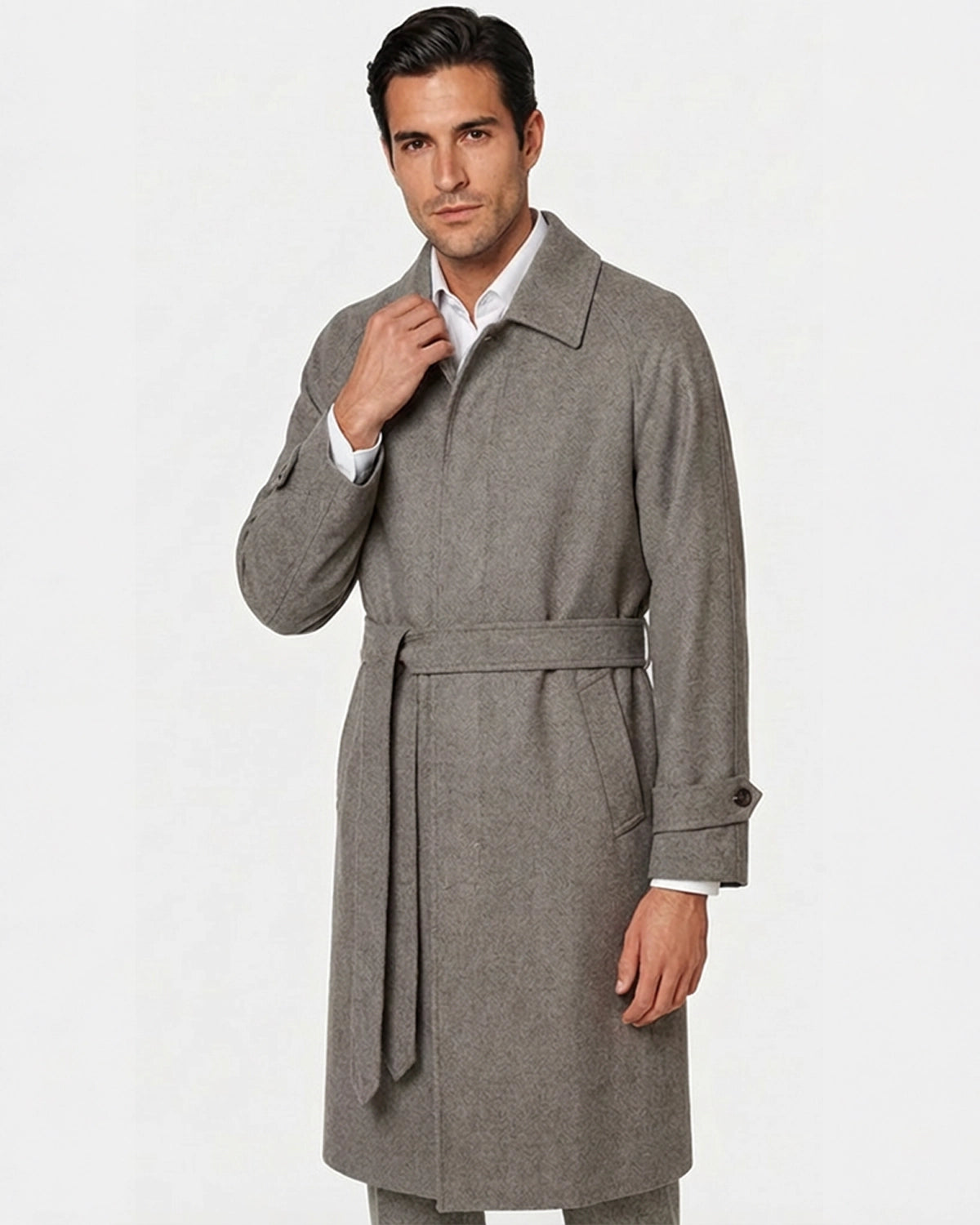 Abrigo de Lana a Medida Gris Espiga (Herringbone) con Cinturón y Manga Raglán