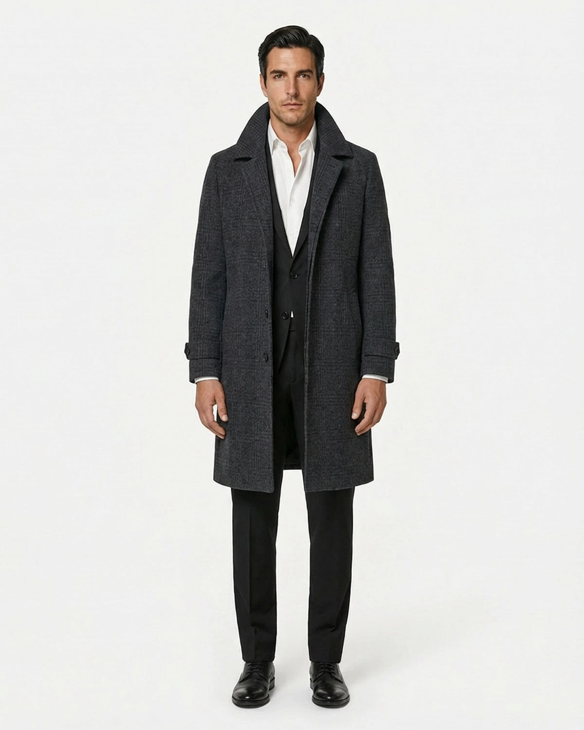 Abrigo de Lana a Medida Gris Carbón con Cuadros Príncipe de Gales y Cinturón