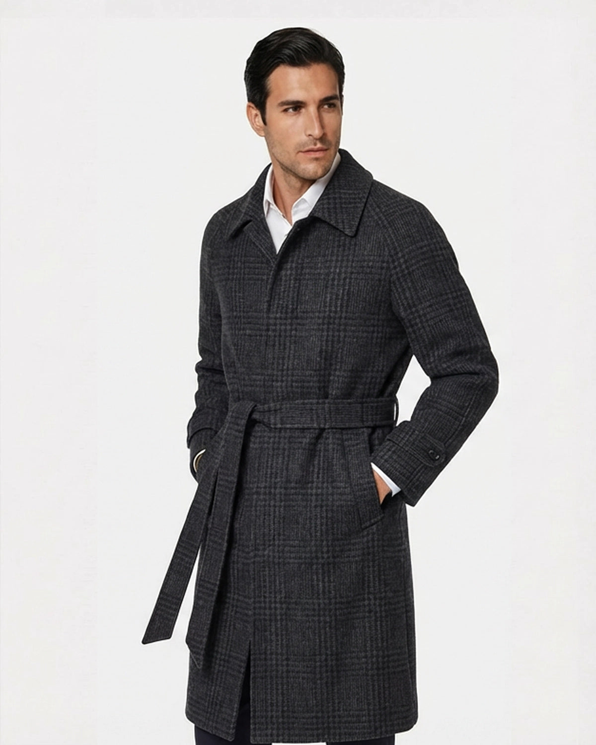 Abrigo de Lana a Medida Gris Carbón con Cuadros Príncipe de Gales y Cinturón