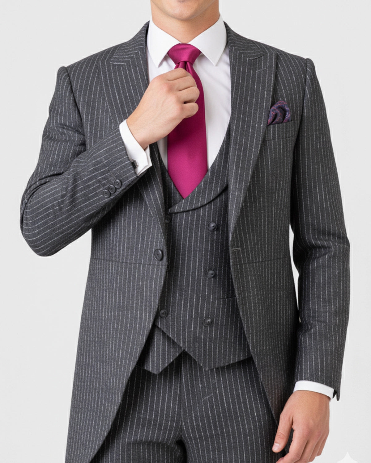 Chaqué de Novio a Medida Gris Marengo con Raya Diplomática y Chaleco Cruzado "Total Look"