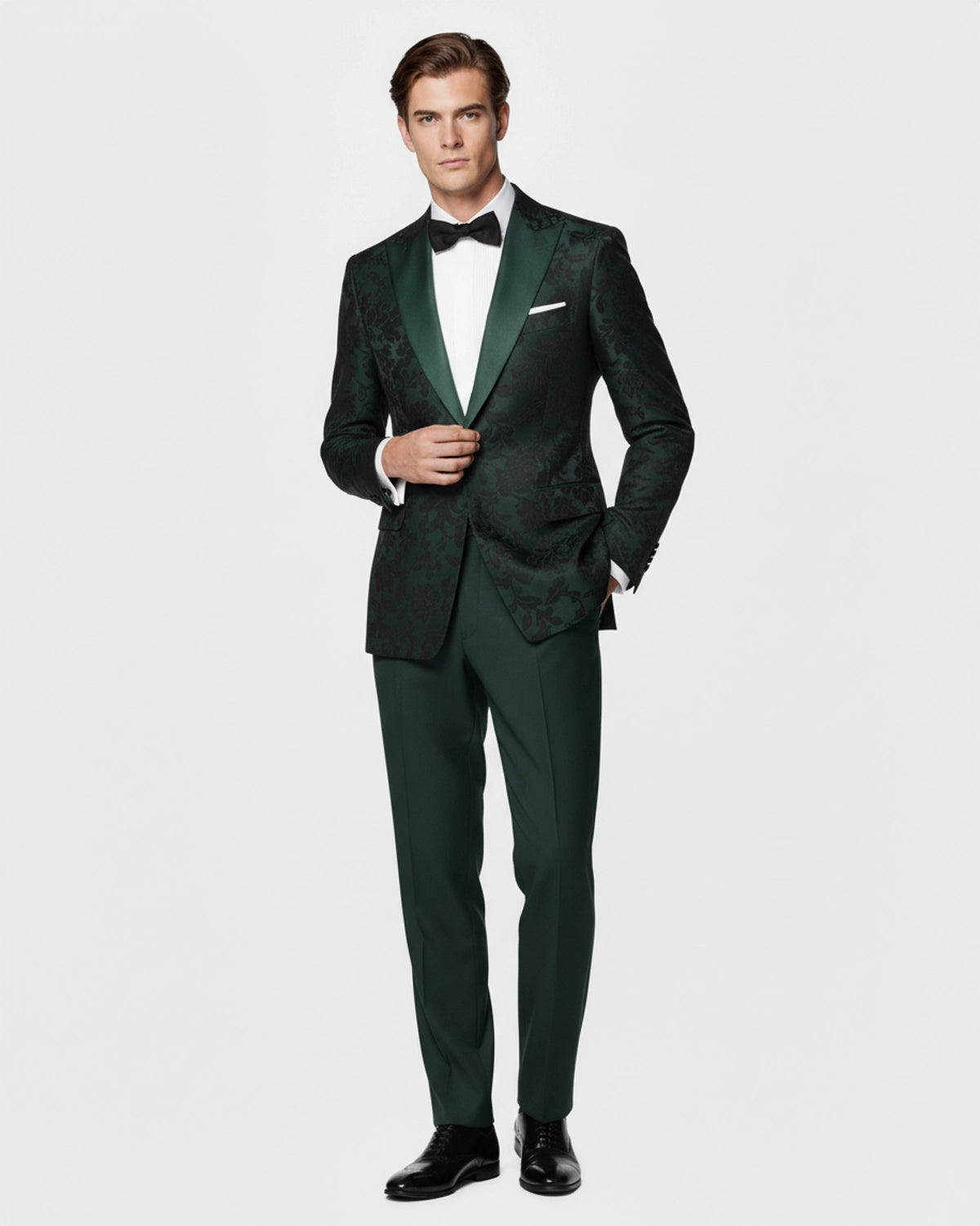 Esmoquin de Novio a Medida Verde Bosque en Jacquard Floral con Solapa Redonda de Raso