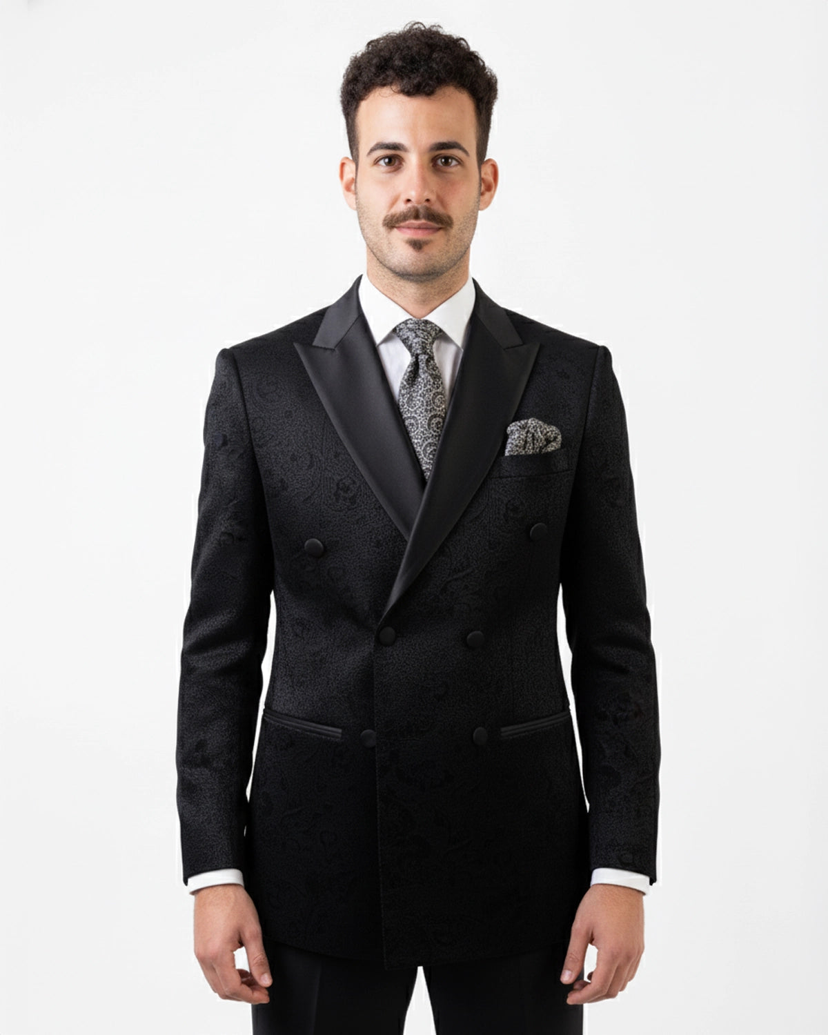 Esmoquin Cruzado de Novio a Medida Negro en Tejido Jacquard Paisley con Solapas de Raso