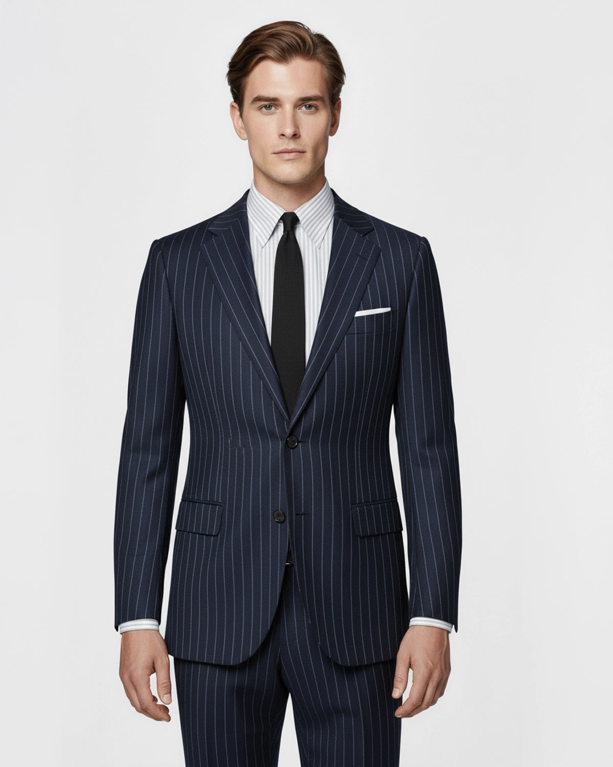 Traje de Sastrería a Medida Azul Marino con Raya Diplomática y Solapa Clásica