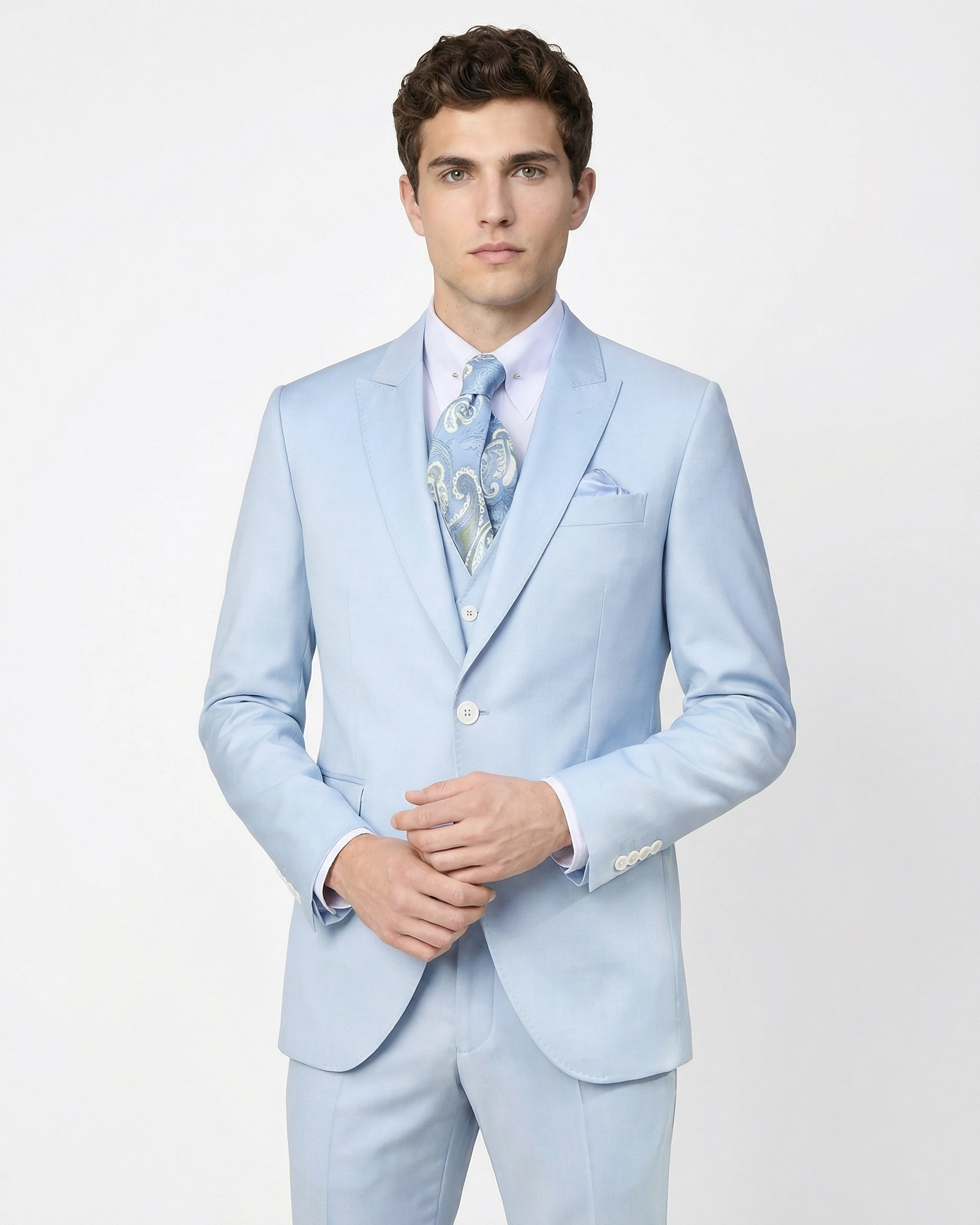 Traje de Novio Azul Cielo (Sky Blue) 3 Piezas con Solapas de Punta