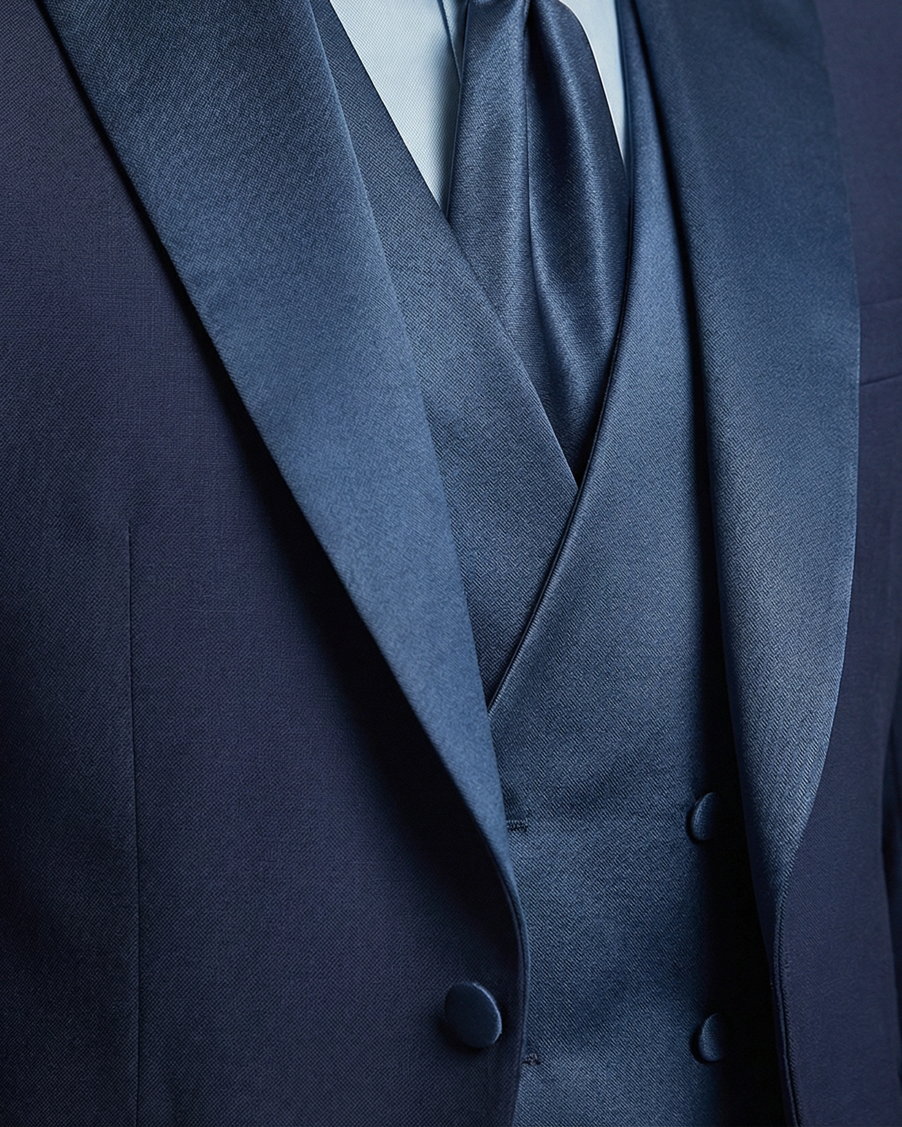 Traje de Novio Azul Marino con Solapas y Chaleco en Raso Satinado (Look Monocromo)