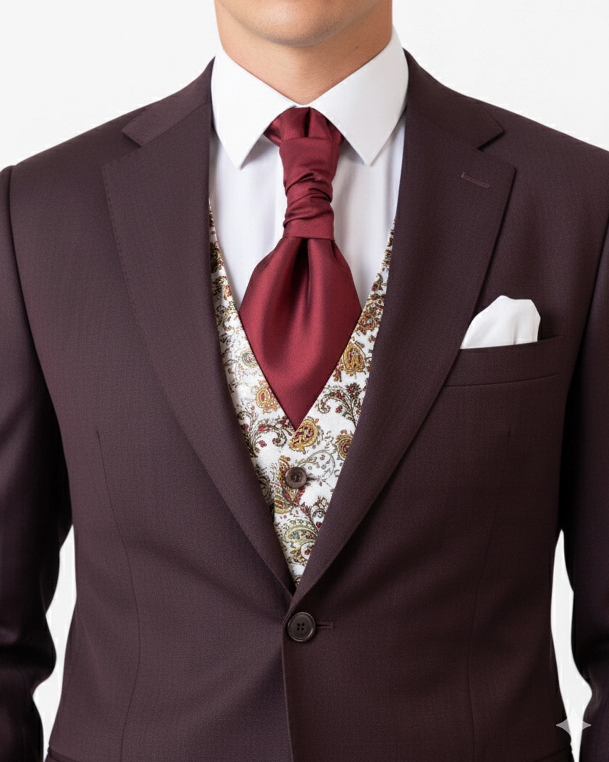 Traje de Novio a Medida Color Granate Vino con Chaleco Floral en Contraste Crema