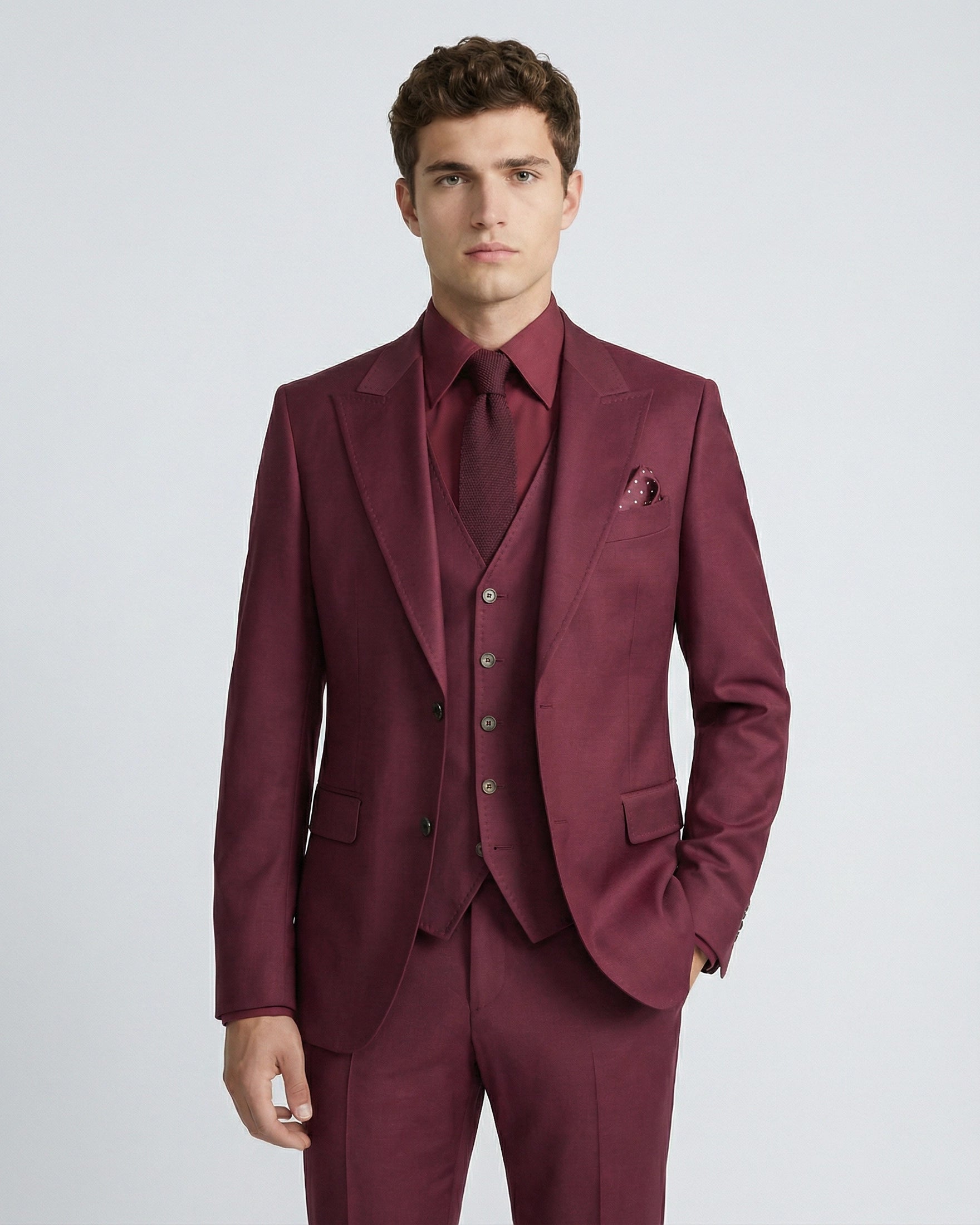 Traje de Novio Granate (Burgundy) 3 Piezas con Solapas de Punta y Punteado Sastre