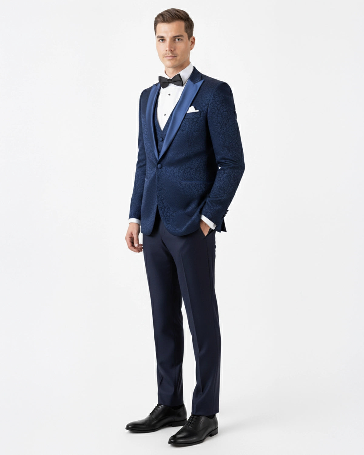 Esmoquin de Novio a Medida Azul Noche en Jacquard Floral Tono sobre Tono con Solapa Chal