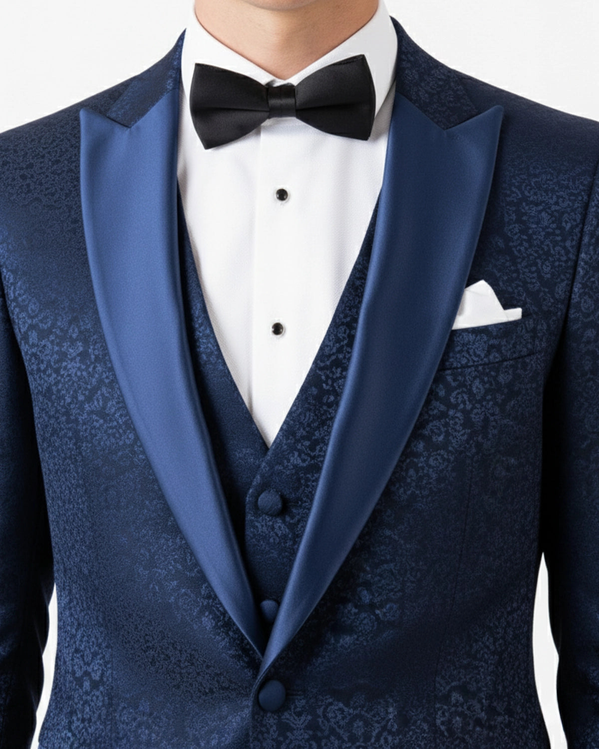 Esmoquin de Novio a Medida Azul Noche en Jacquard Floral Tono sobre Tono con Solapa Chal