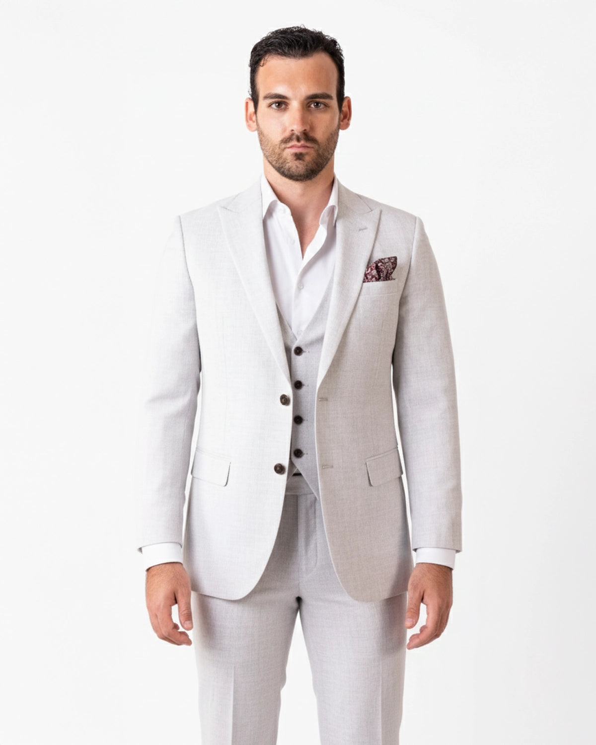 Traje a Medida Gris Perla Hielo de 3 Piezas con Chaleco y Solapa Clásica