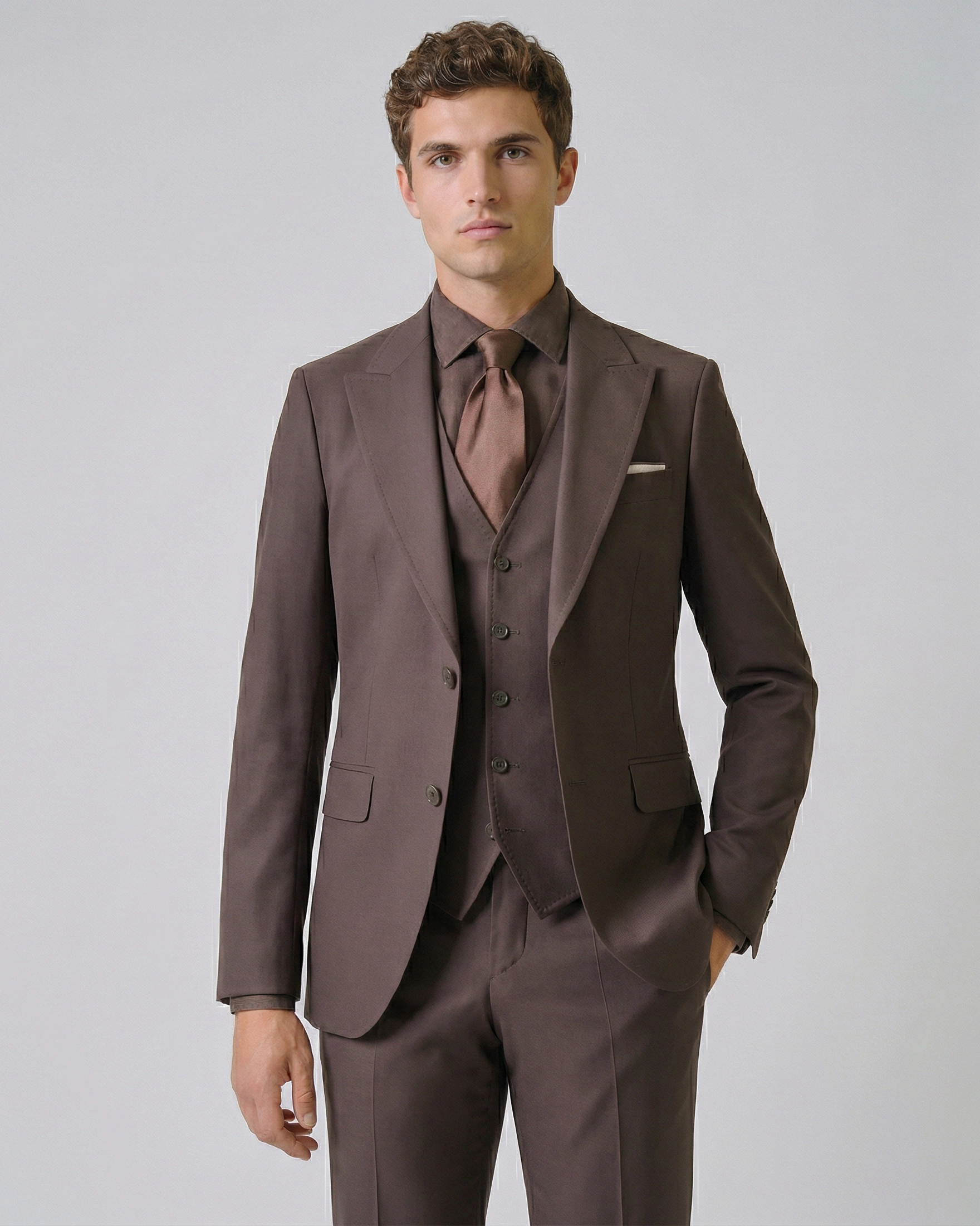 Traje de Novio/Vestir Marrón Chocolate 3 Piezas con Solapas de Punta