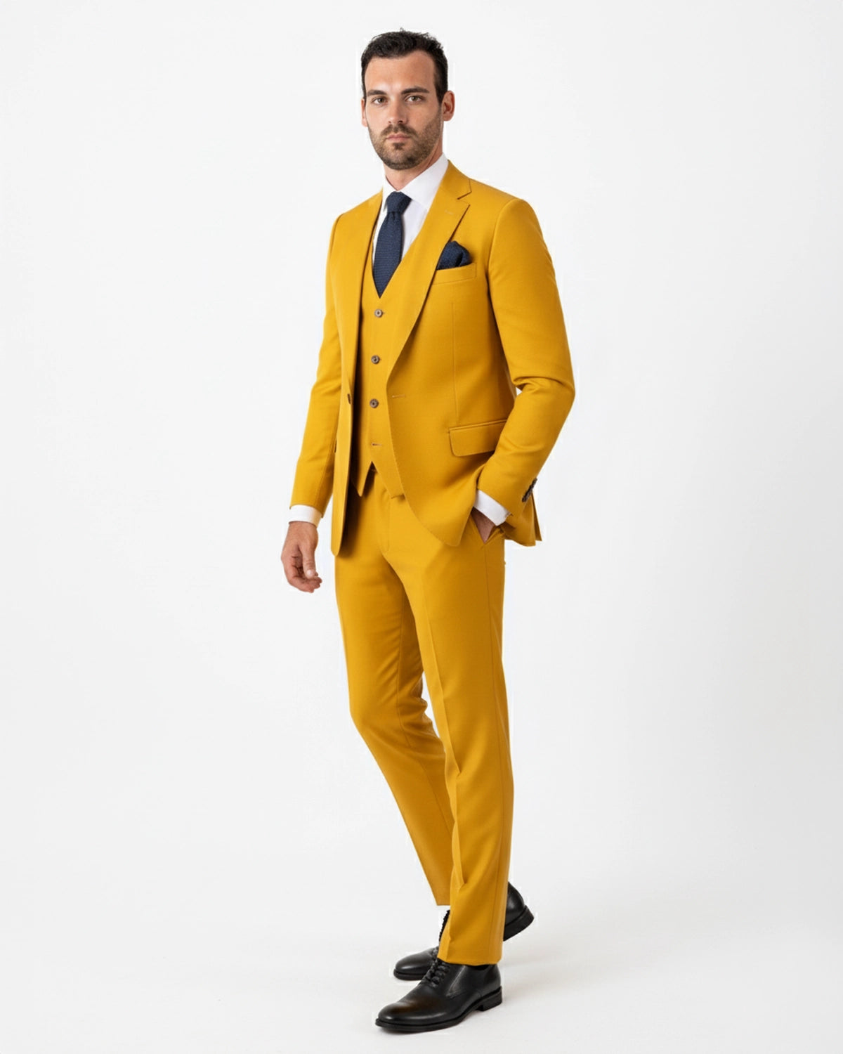 Traje de Sastrería a Medida Color Mostaza Ocre de 3 Piezas con Solapa de Pico