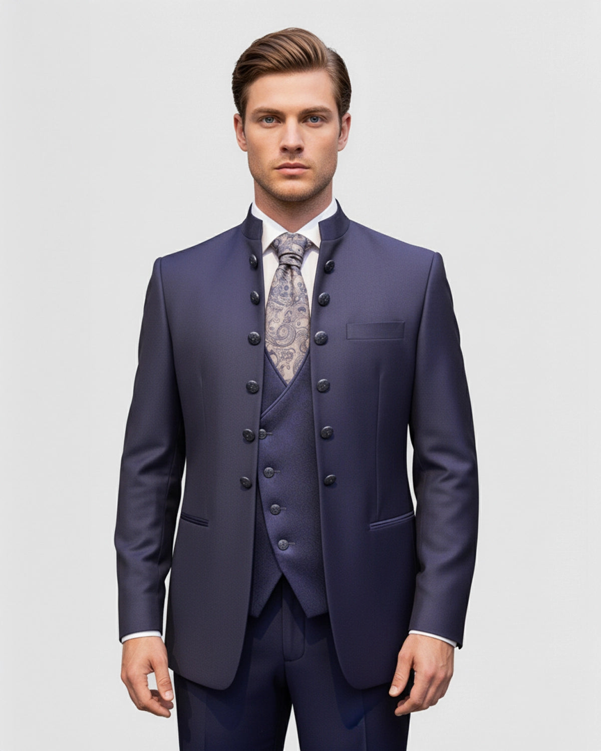 Levita de Novio a Medida Cuello Mao "Estilo Napoleón" Azul Marino con Botones Joya