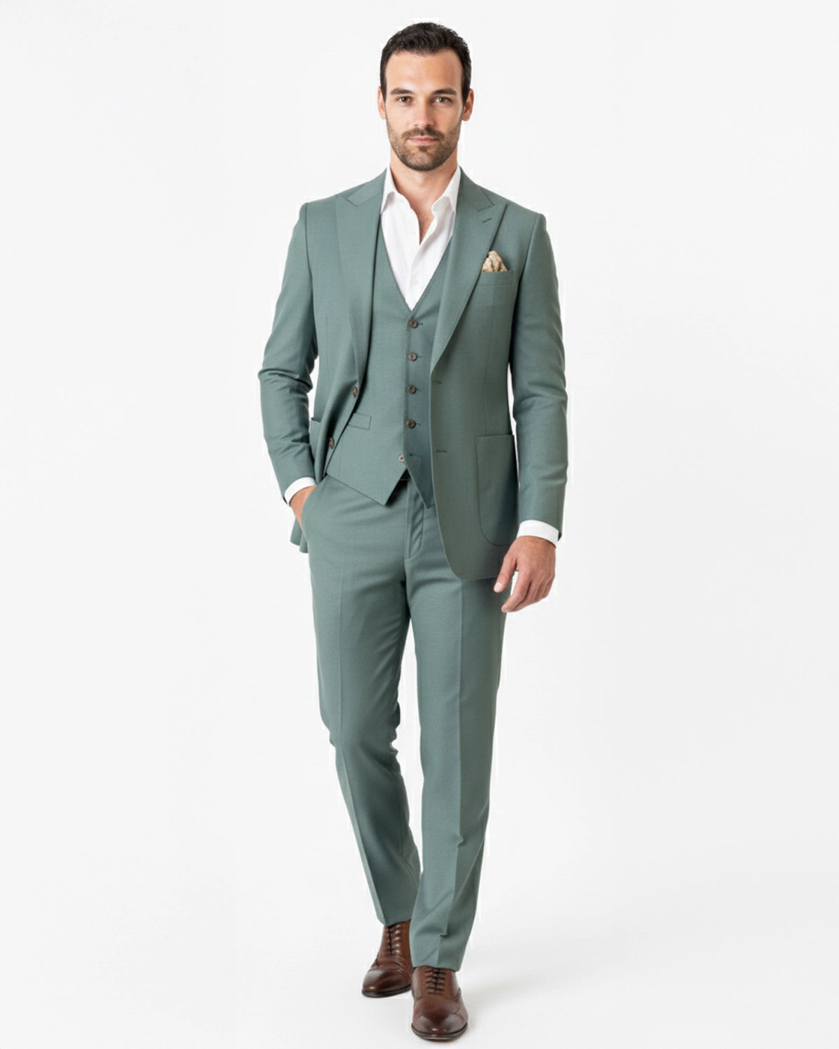 Traje a Medida Verde Salvia con Chaleco y Solapa de Pico