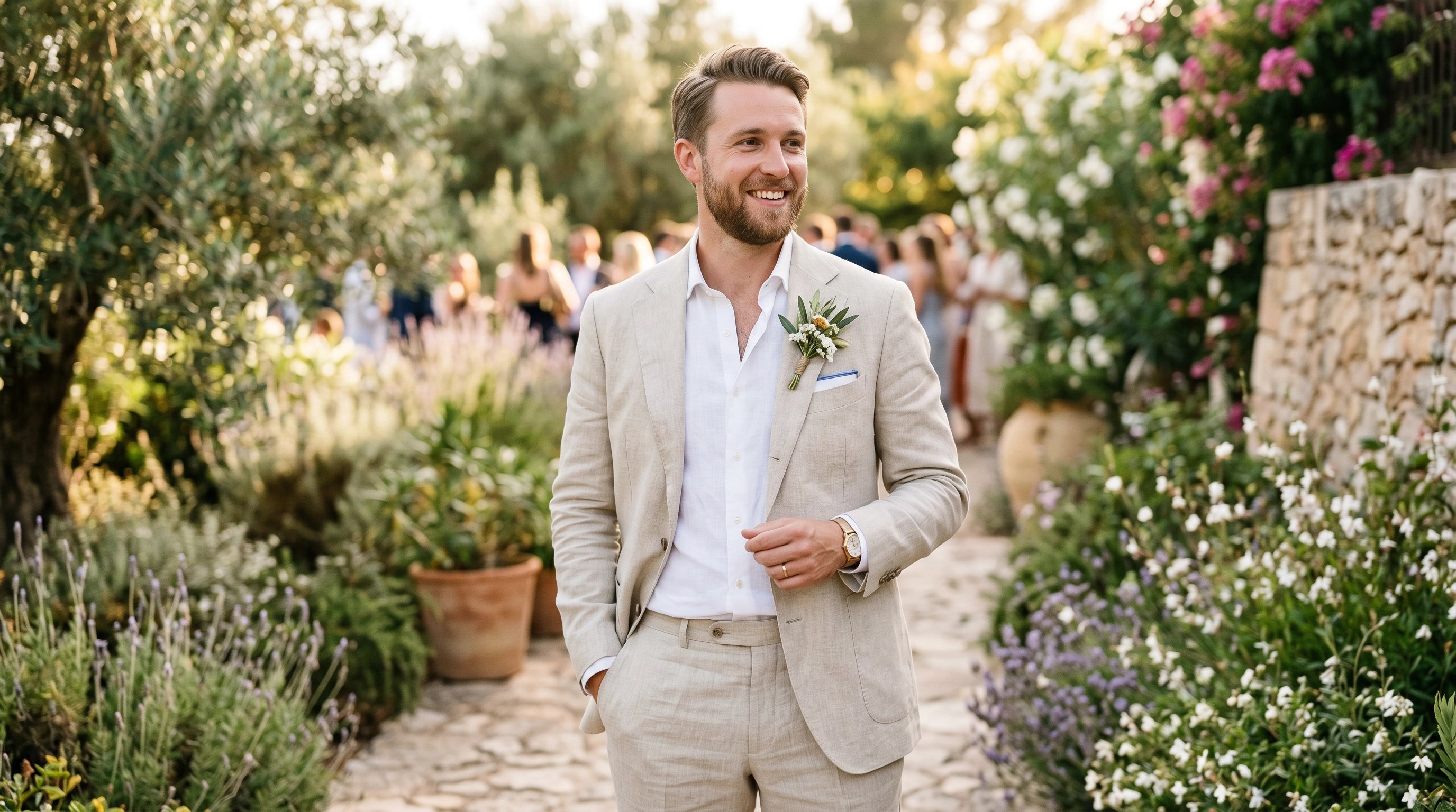 Novio con traje de lino beige en una boda de verano al aire libre - Sastreria Blackpier
