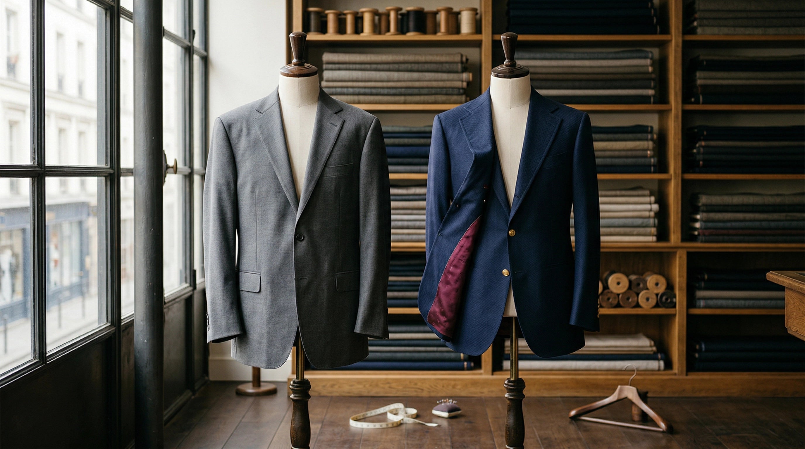 Dos trajes en maniquies en sastreria Blackpier - alquilar o comprar traje de novio