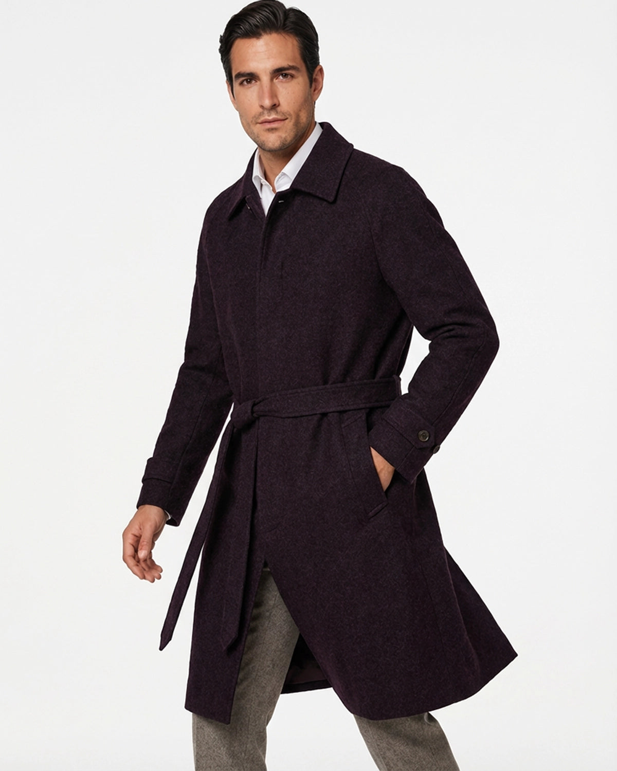 Abrigo de Lana a Medida Granate (Burdeos) Texturizado con Cinturón y Manga Raglán