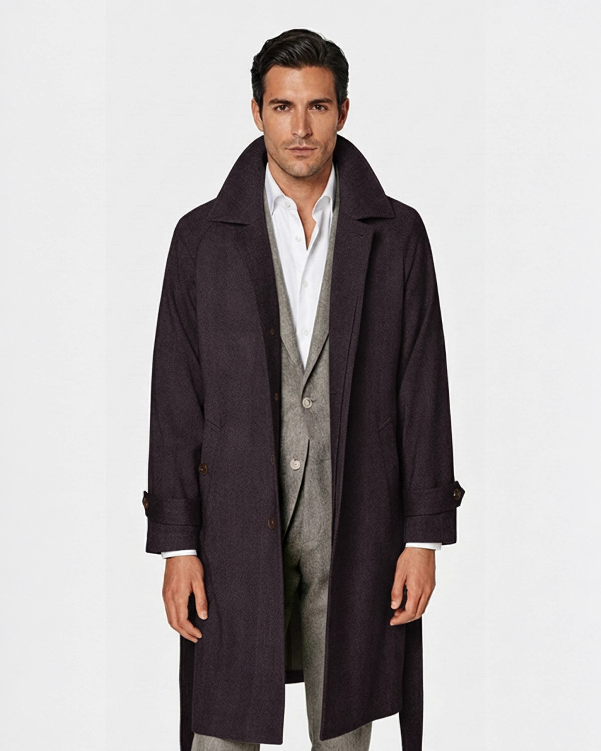 Abrigo de Lana a Medida Granate (Burdeos) Texturizado con Cinturón y Manga Raglán