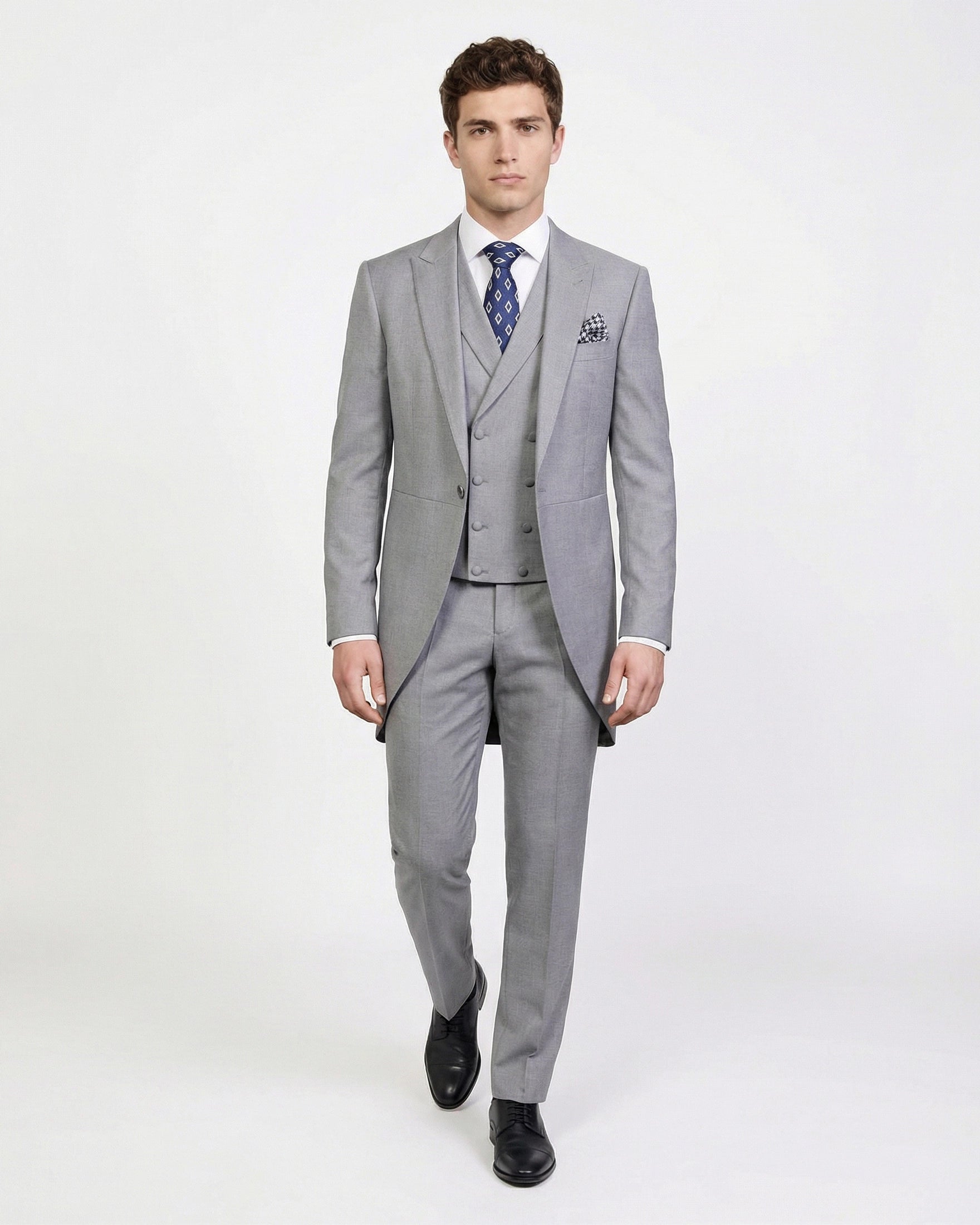 Chaqué Gris Perla (Morning Suit) Monocromático de 3 Piezas con Chaleco Cruzado