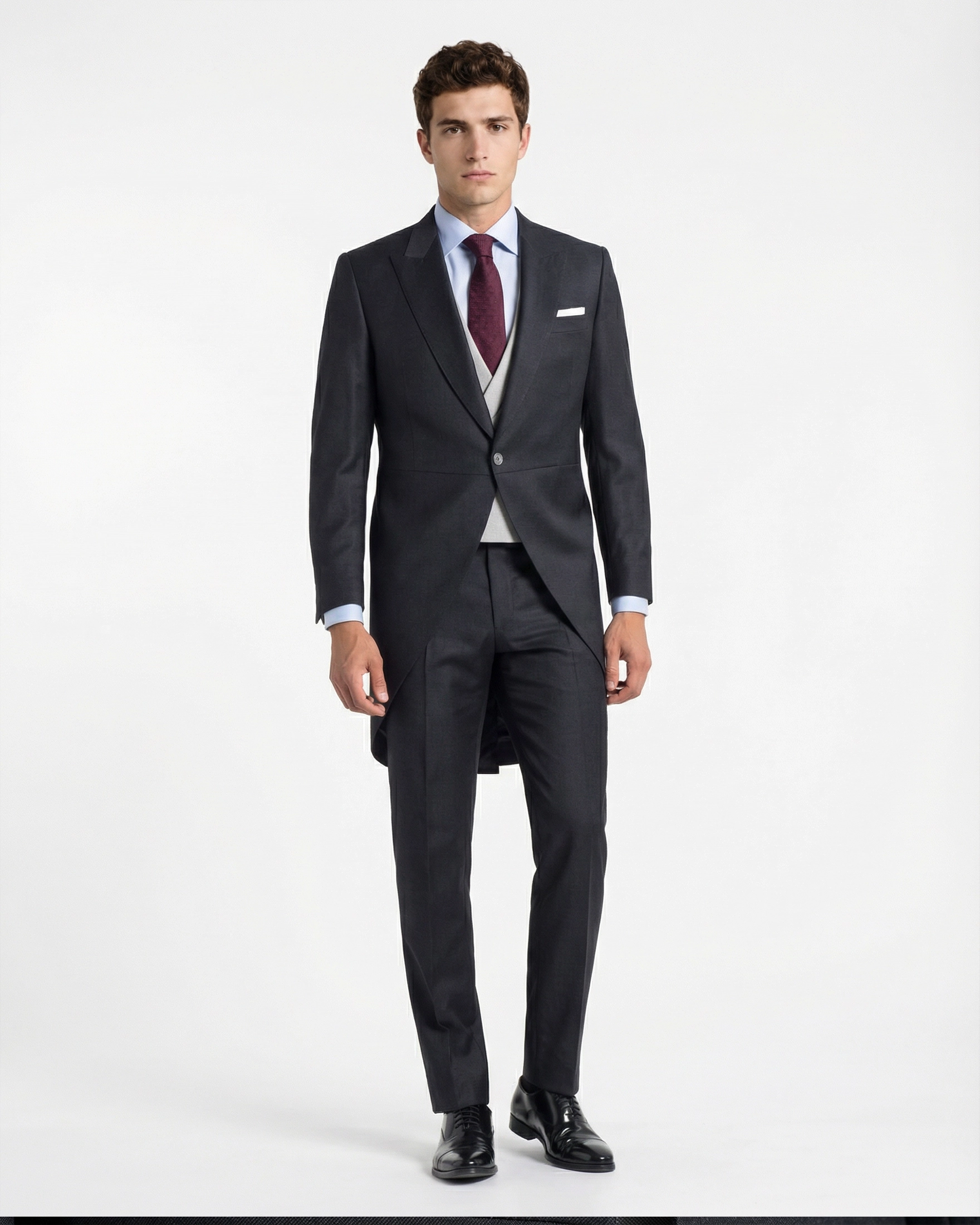 Chaqué Gris Marengo (Charcoal) con Chaleco Cruzado en Contraste Gris Perla