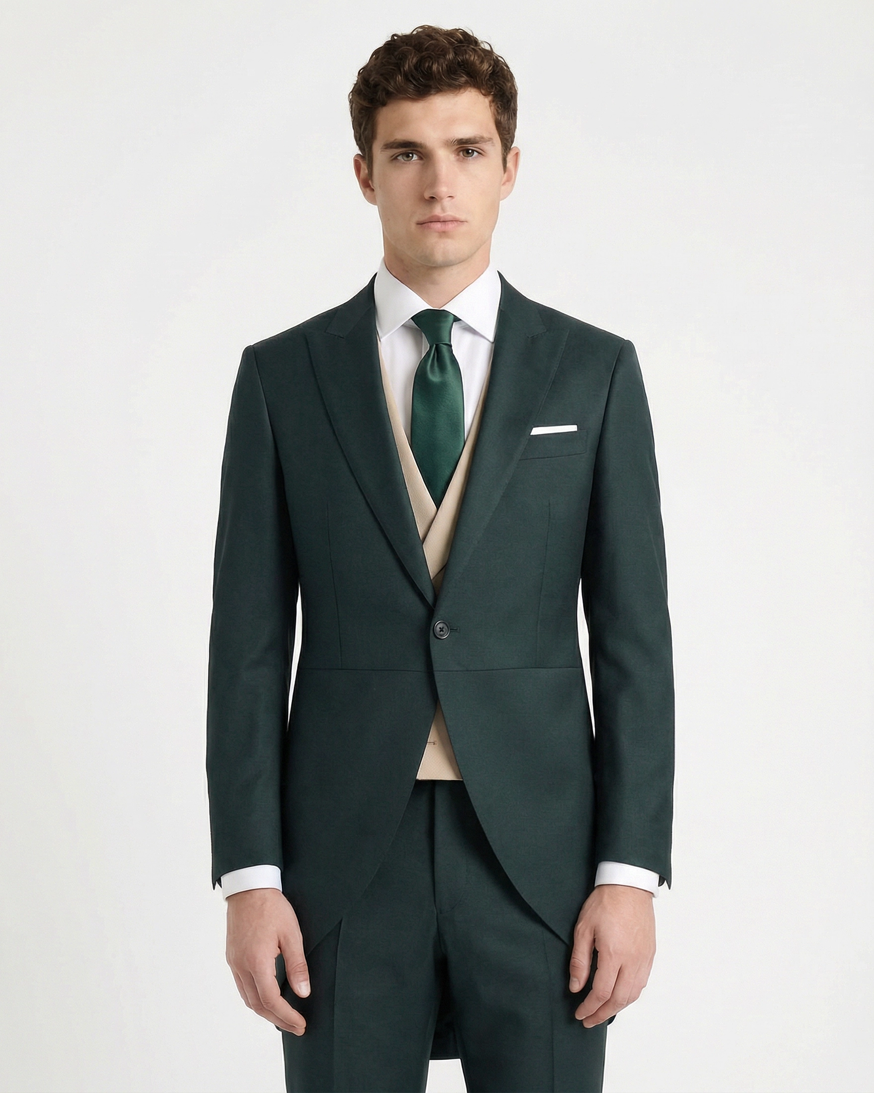 Chaqué Verde Botella (Bottle Green) con Chaleco Cruzado en Contraste Beige