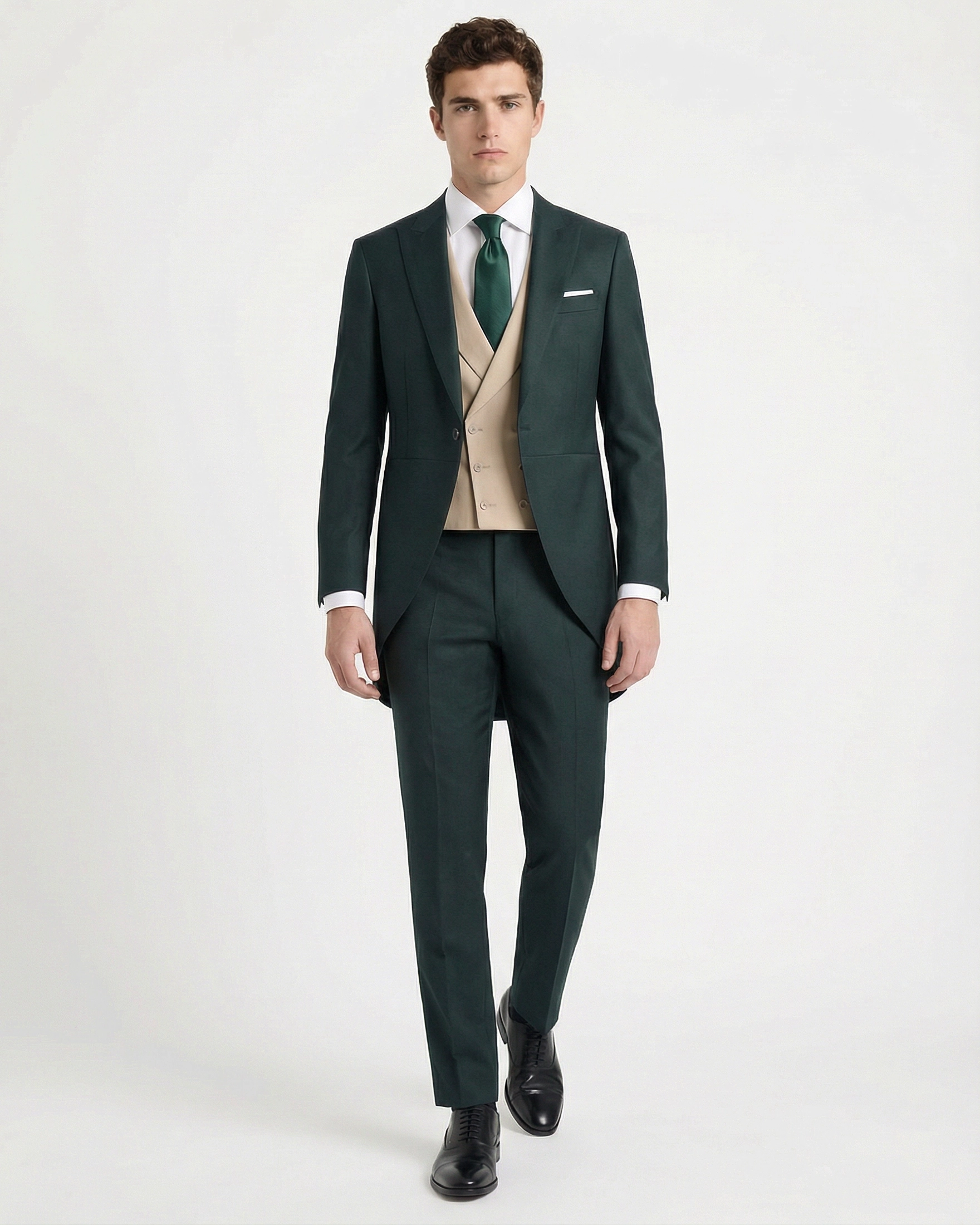 Chaqué Verde Botella (Bottle Green) con Chaleco Cruzado en Contraste Beige