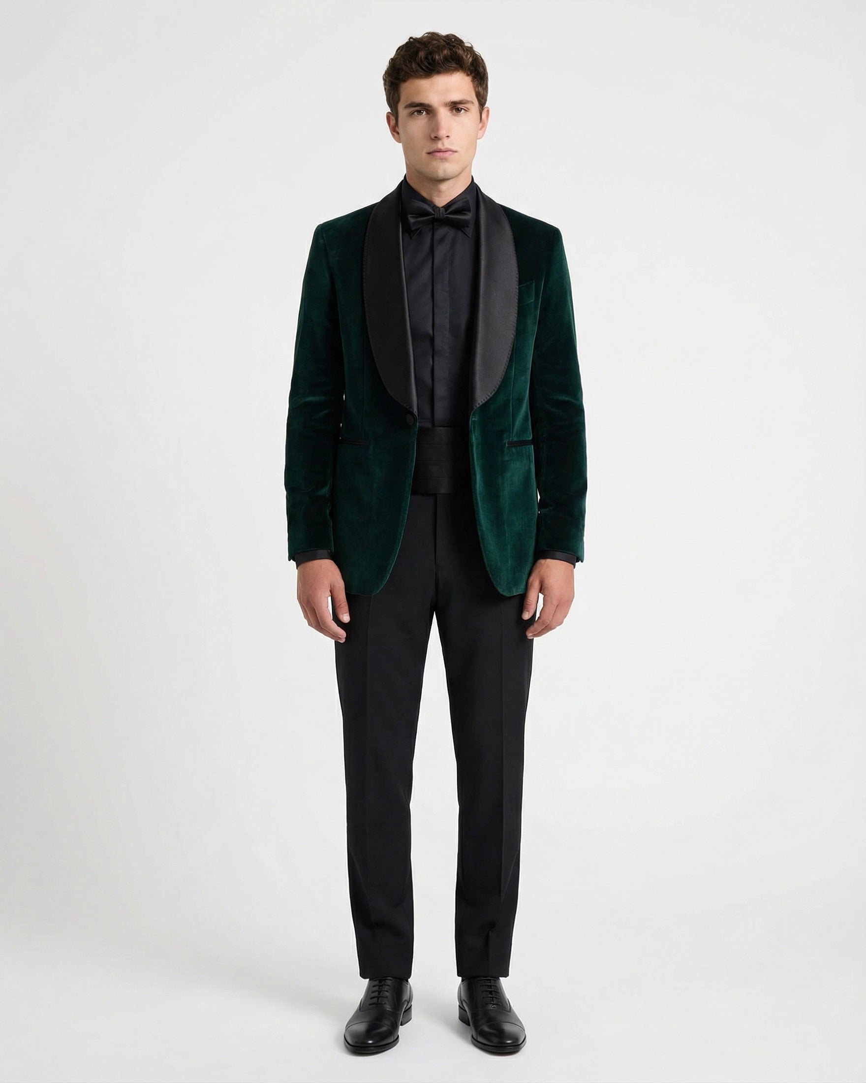 Esmoquin "Dinner Jacket" en Terciopelo Verde Esmeralda con Solapa Chal Negra