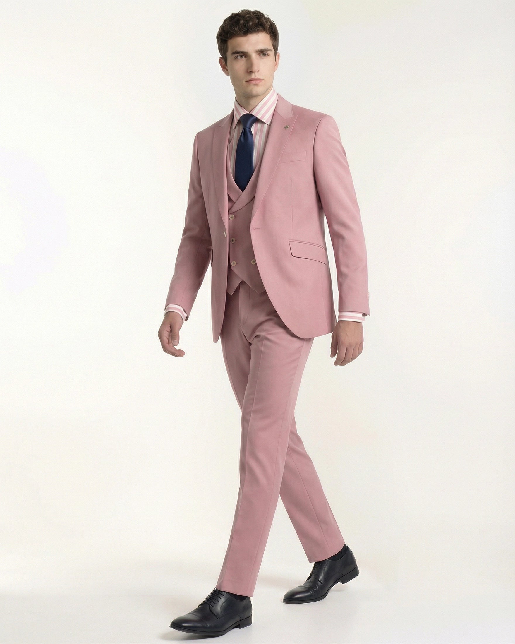 Traje de Novio 3 Piezas en Rosa Palo (Dusty Pink) con Chaleco Cruzado de Solapa Redonda