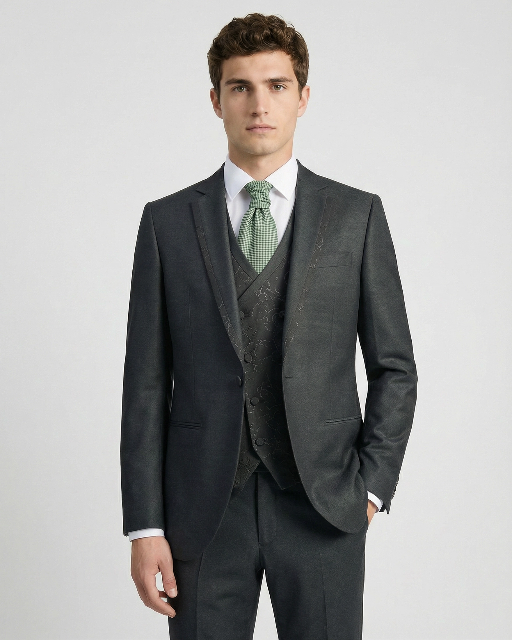 Traje de Novio Verde Botella con Ribete Fantasía "Efecto Rayo" y Chaleco a Juego