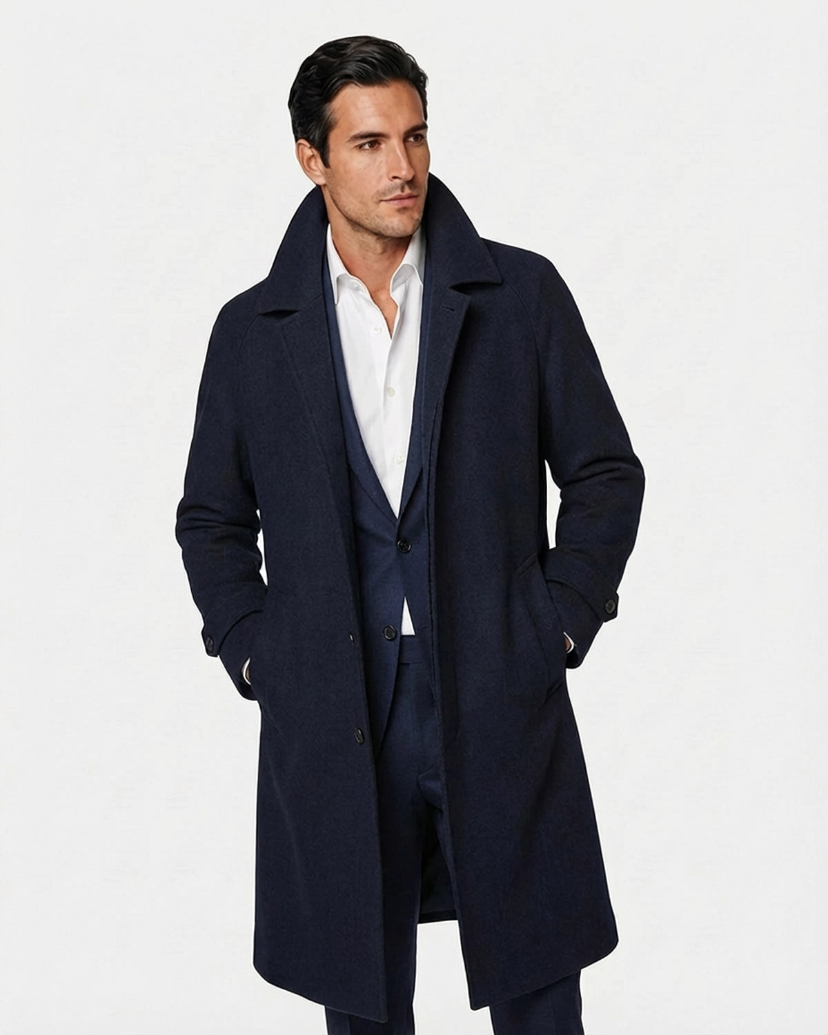 Abrigo de Lana a Medida Azul Marino con Cinturón y Manga Raglán (Estilo "Belted Overcoat")