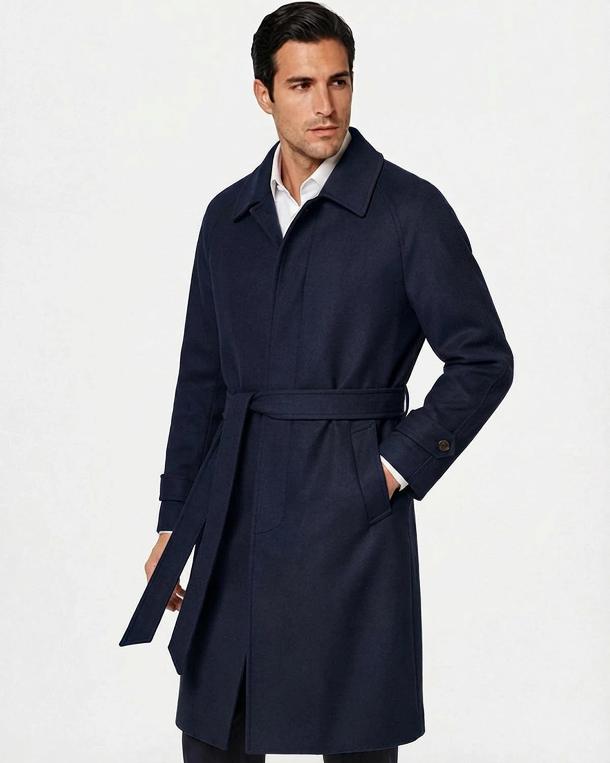 Abrigo de Lana Premium "Tacto Cashmere" Azul Noche con Cinturón y Manga Raglán