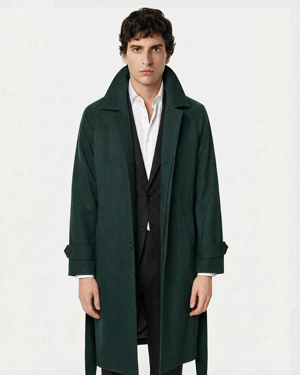 Abrigo de Lana a Medida Verde Botella (Forest Green) con Cinturón y Manga Raglán