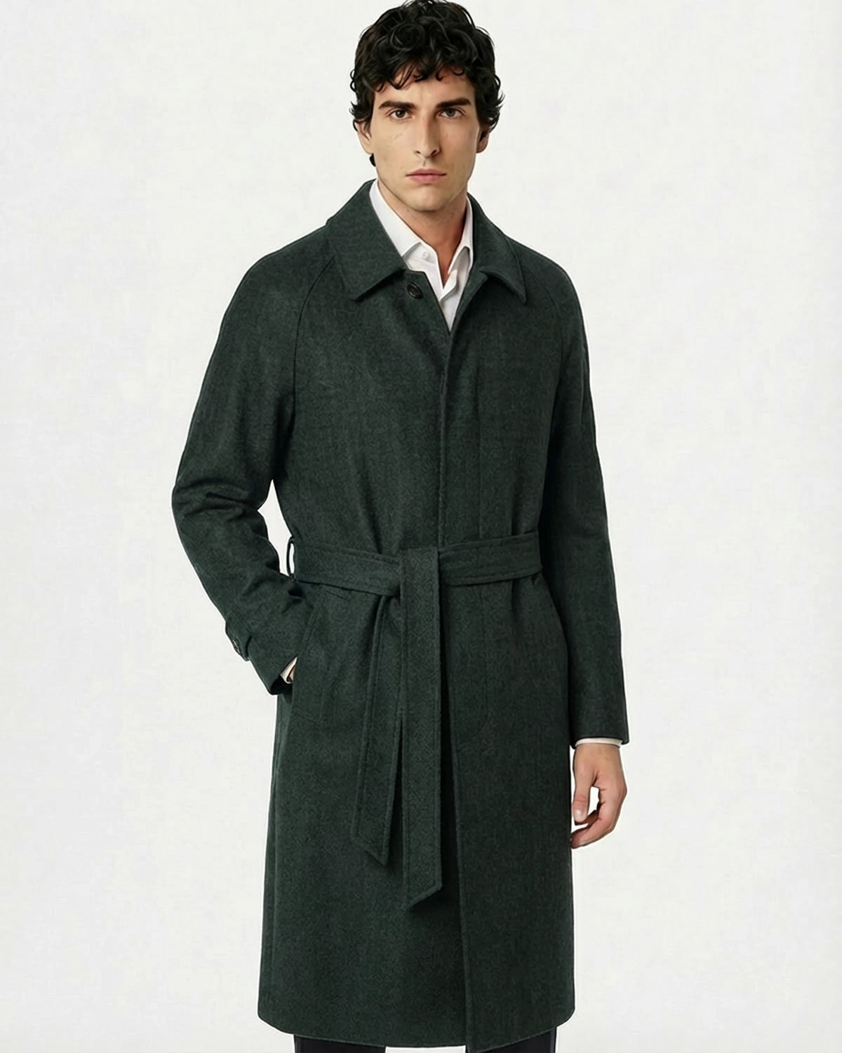 Abrigo de Lana a Medida Verde Botella (Forest Green) con Cinturón y Manga Raglán
