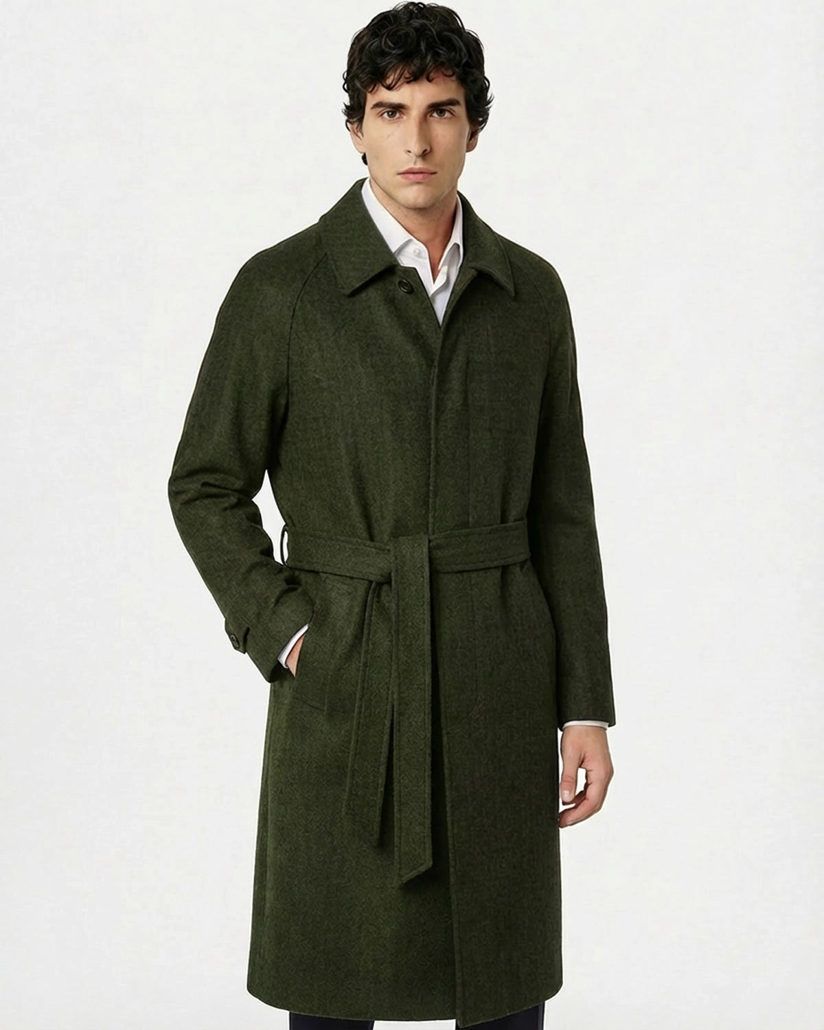 Abrigo de Lana a Medida Verde Loden (Musgo) con Textura Afieltrada y Cinturón