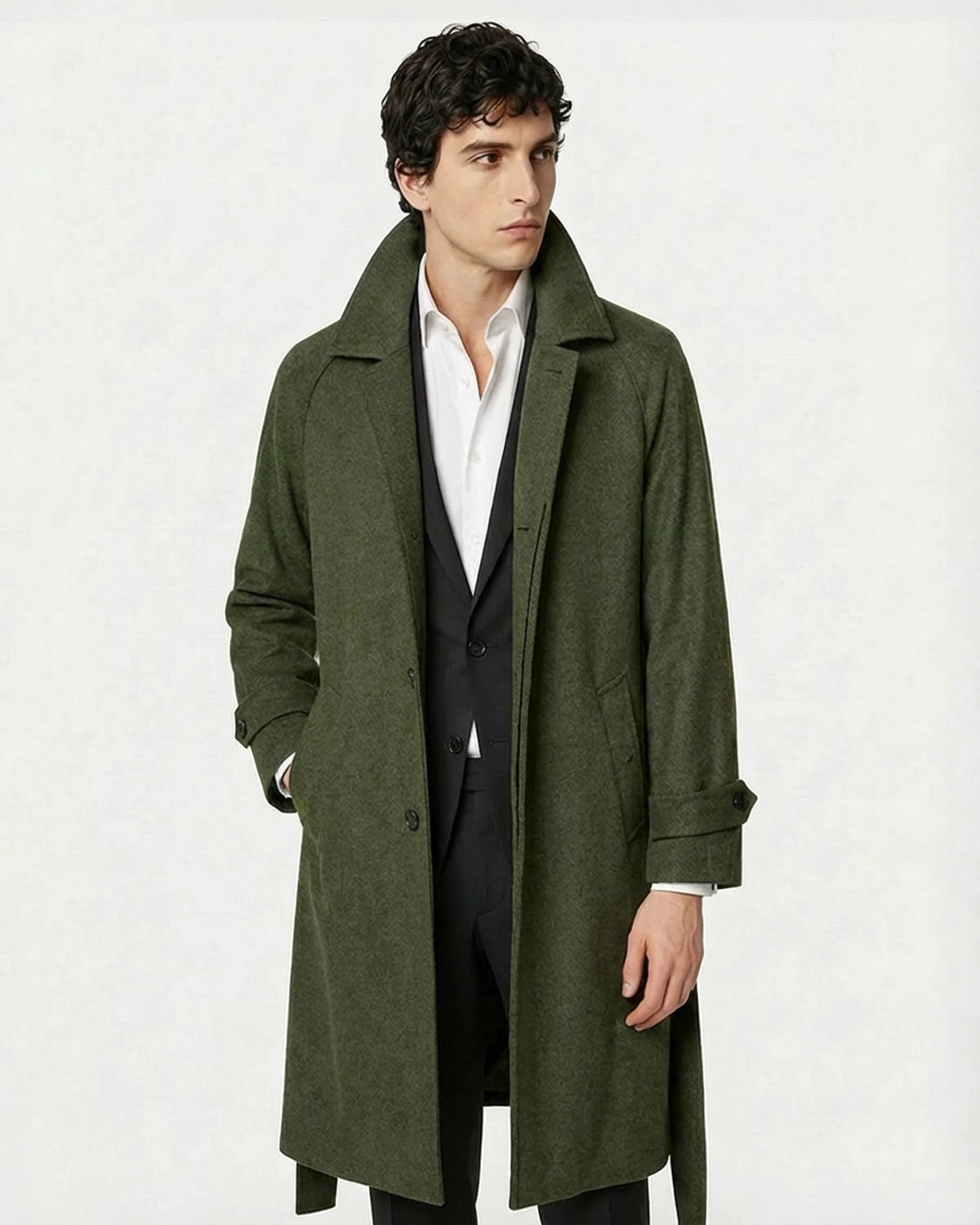 Abrigo de Lana a Medida Verde Loden (Musgo) con Textura Afieltrada y Cinturón