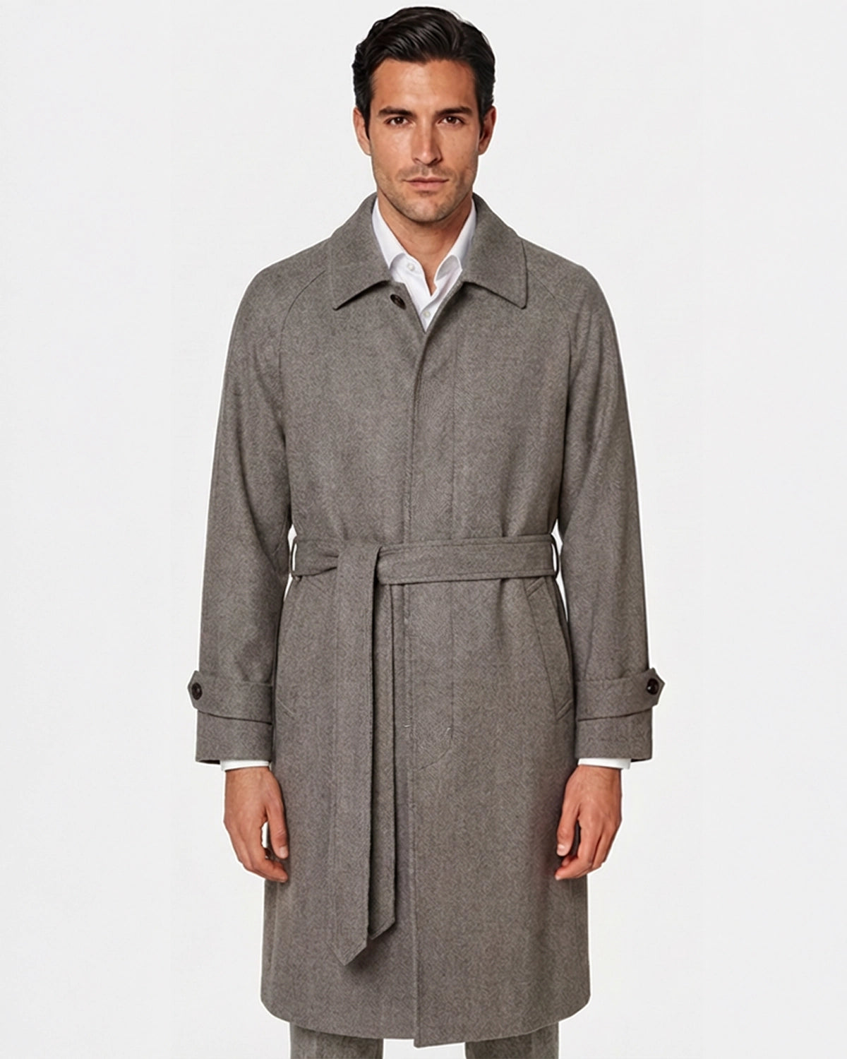 Abrigo de Lana a Medida Gris Espiga (Herringbone) con Cinturón y Manga Raglán